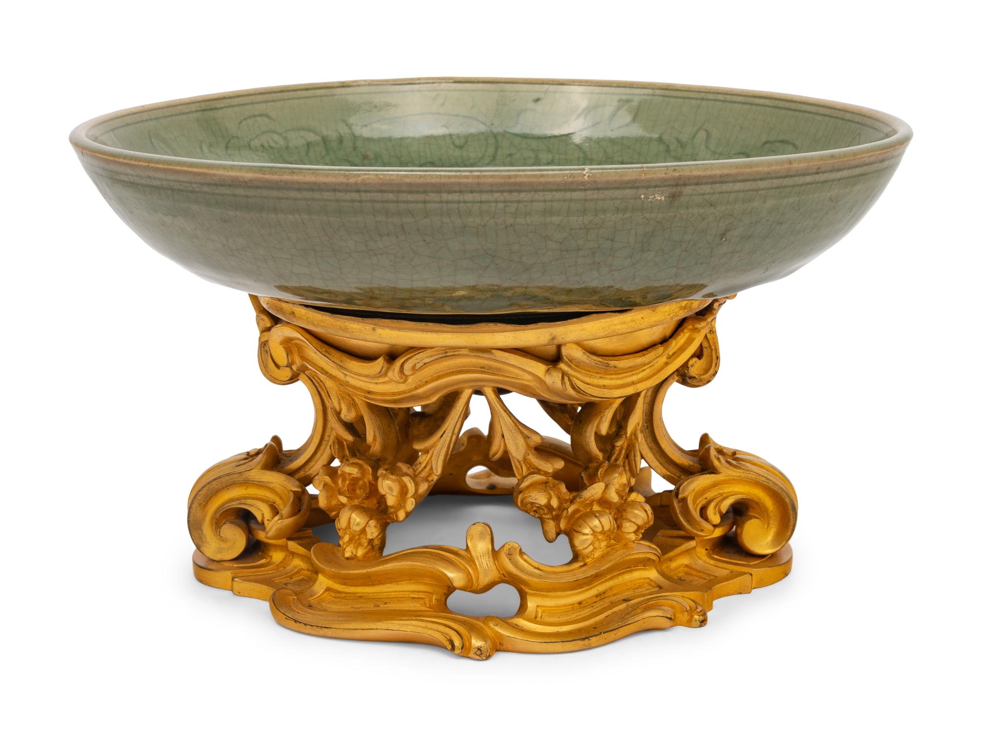 A French Gilt-Bronze Mounted Chinese Celadon Glazed Porcelain Dish