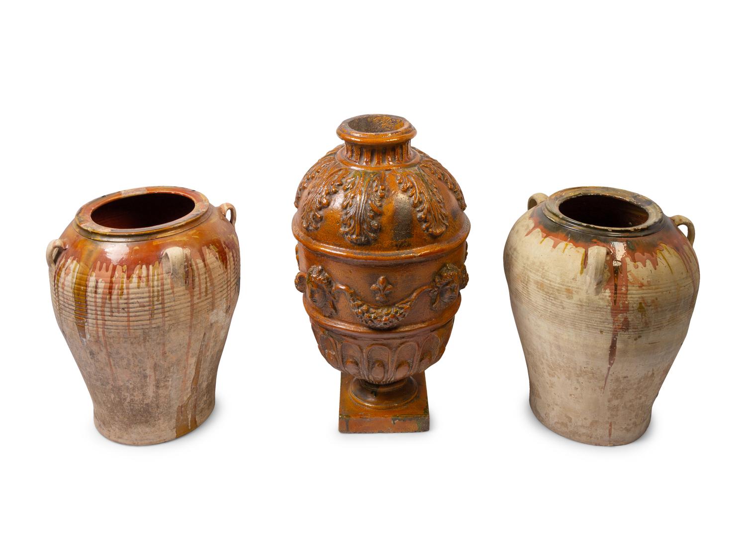 Three French Glazed Pottery Confit Jars