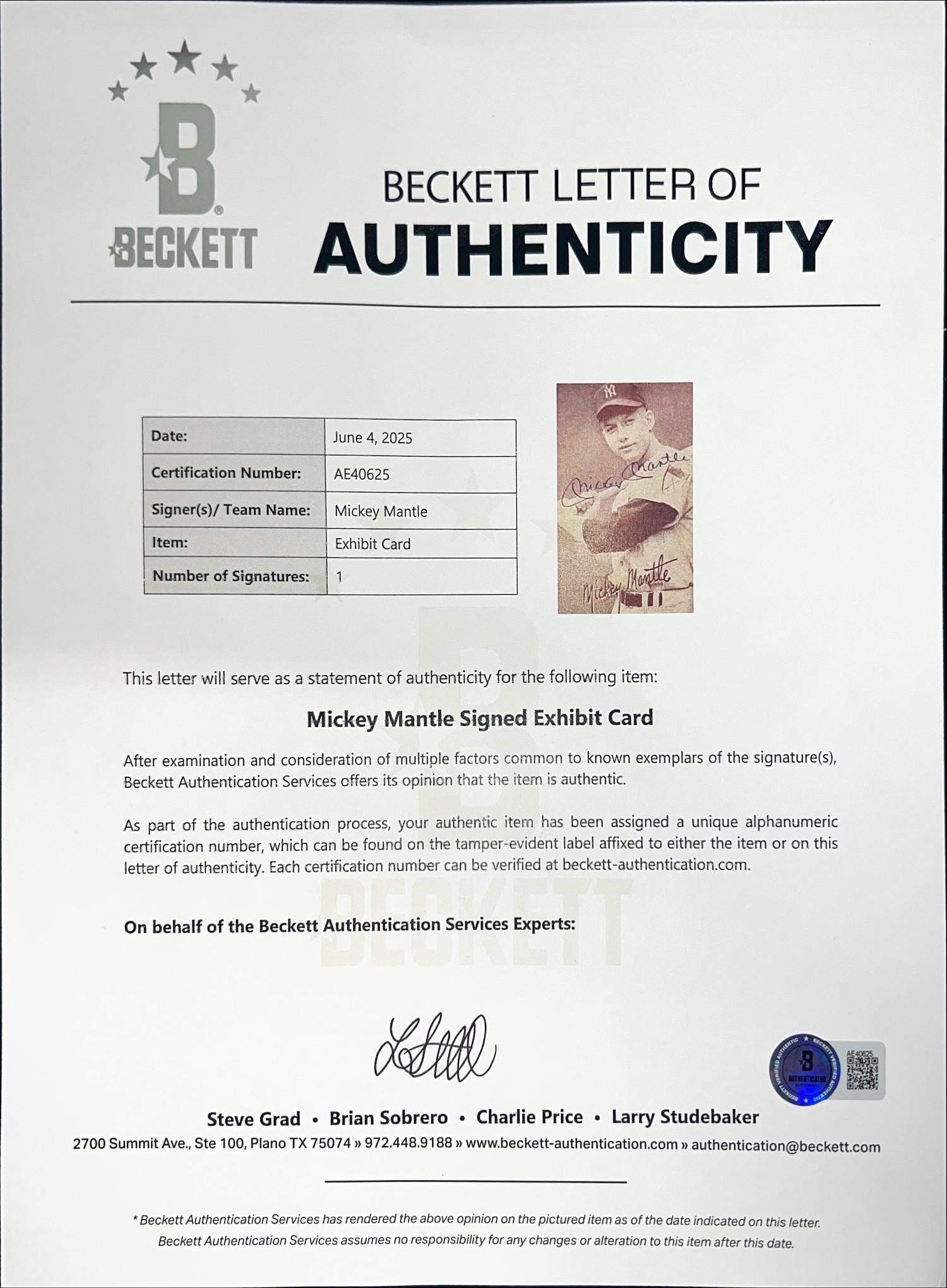A Mickey Mantle Signed Autograph Exhibit Reprint Card (Beckett Authentication Services)