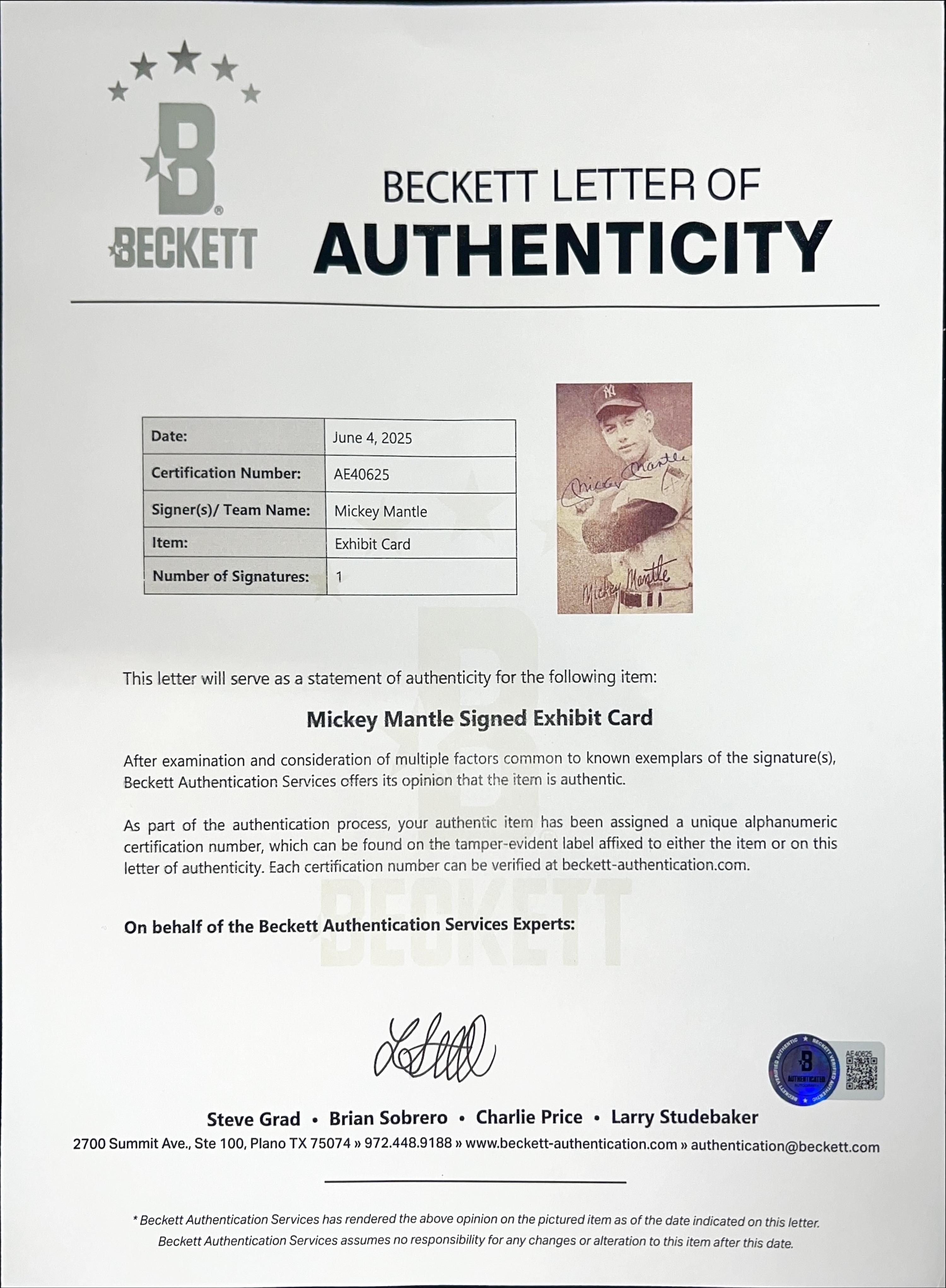 A Mickey Mantle Signed Autograph Exhibit Reprint Card (Beckett Authentication Services)