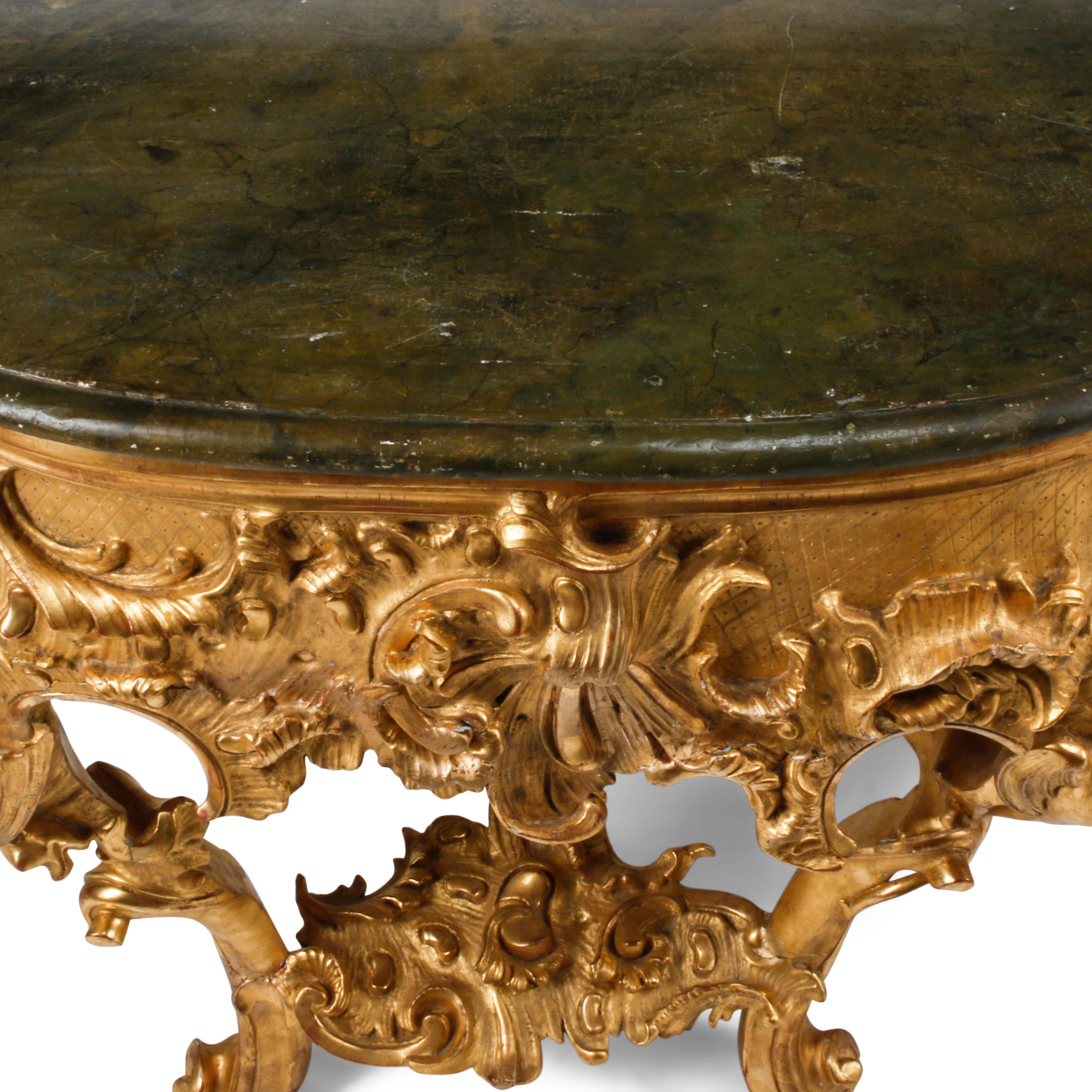 A Pair of German Rococo Style Giltwood Console Tables