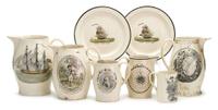 Enameled, gilded and transfer-printed creamware presentation pitcher early 19th century