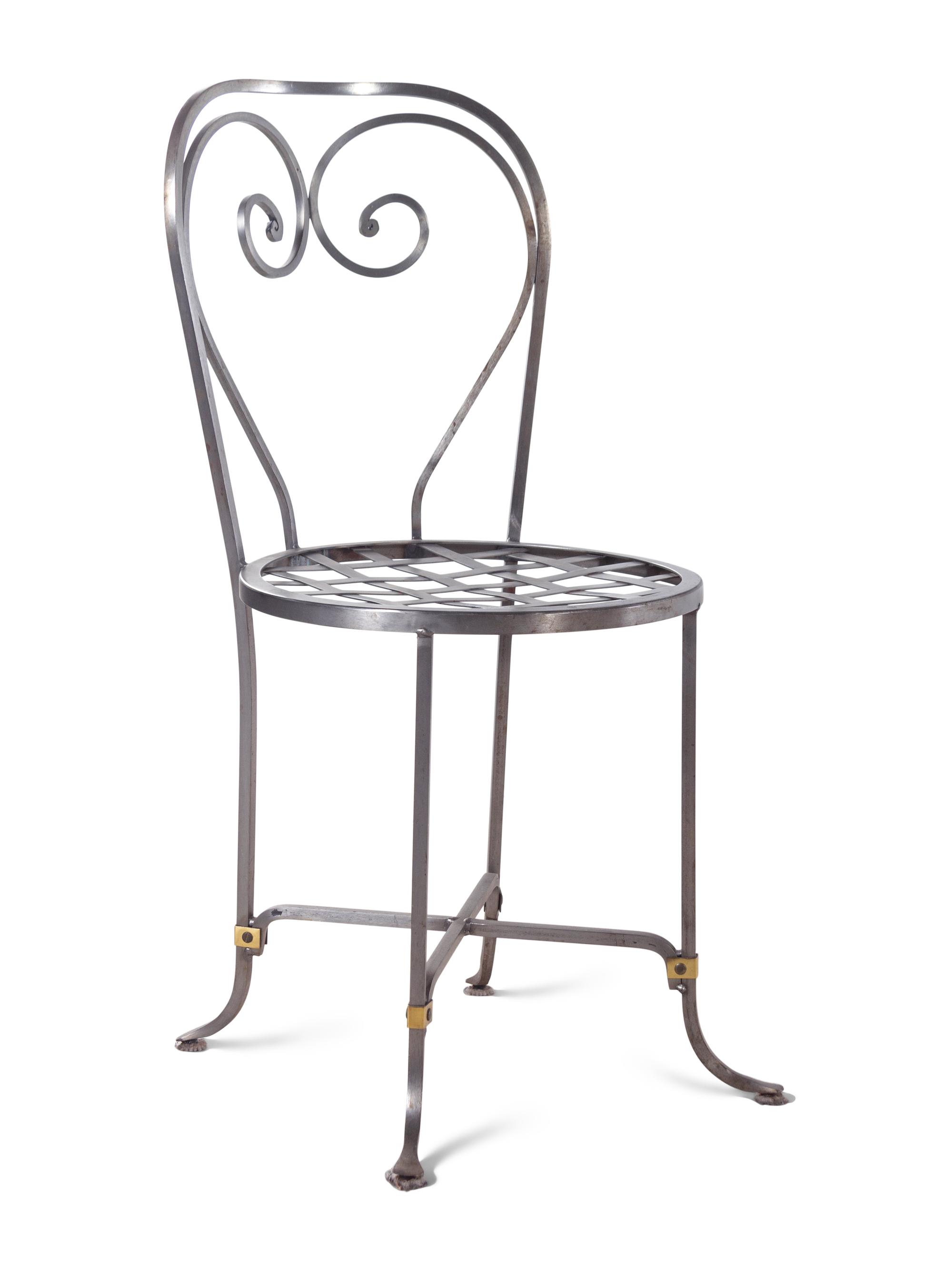 A Steel, Brass and Marble Dining Set