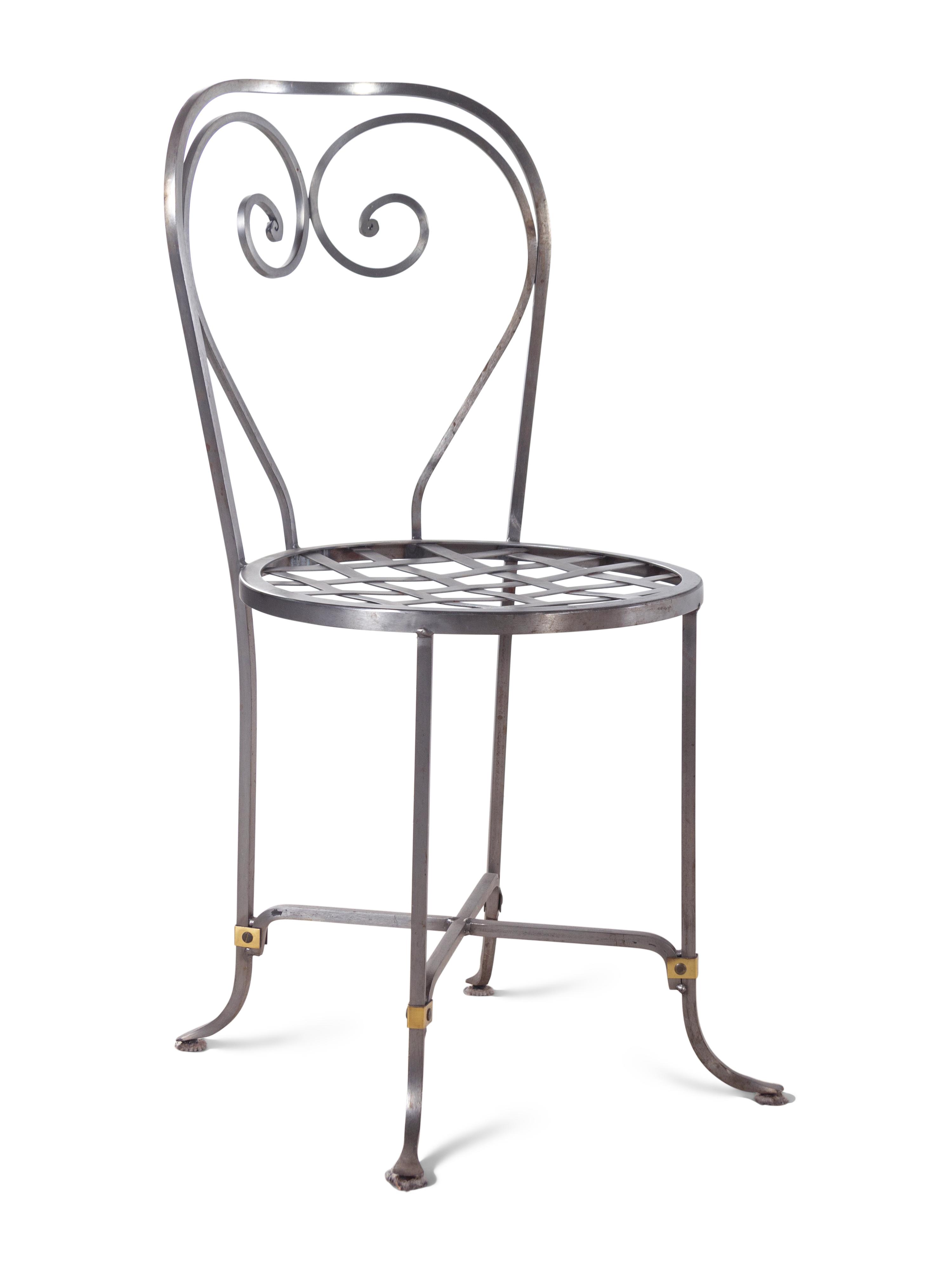 A Steel, Brass and Marble Dining Set