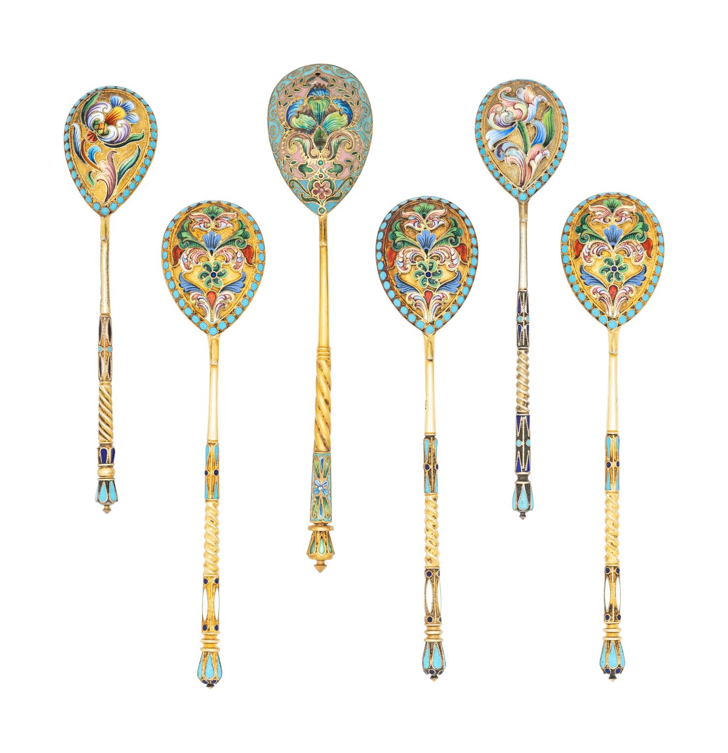 Six Russian Enameled Silver-Gilt Teaspoons