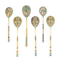 Six Russian Enameled Silver-Gilt Teaspoons