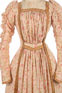 Printed Cotton and Lace Day Dress Trimmed with Velvet Ribbon, 1900