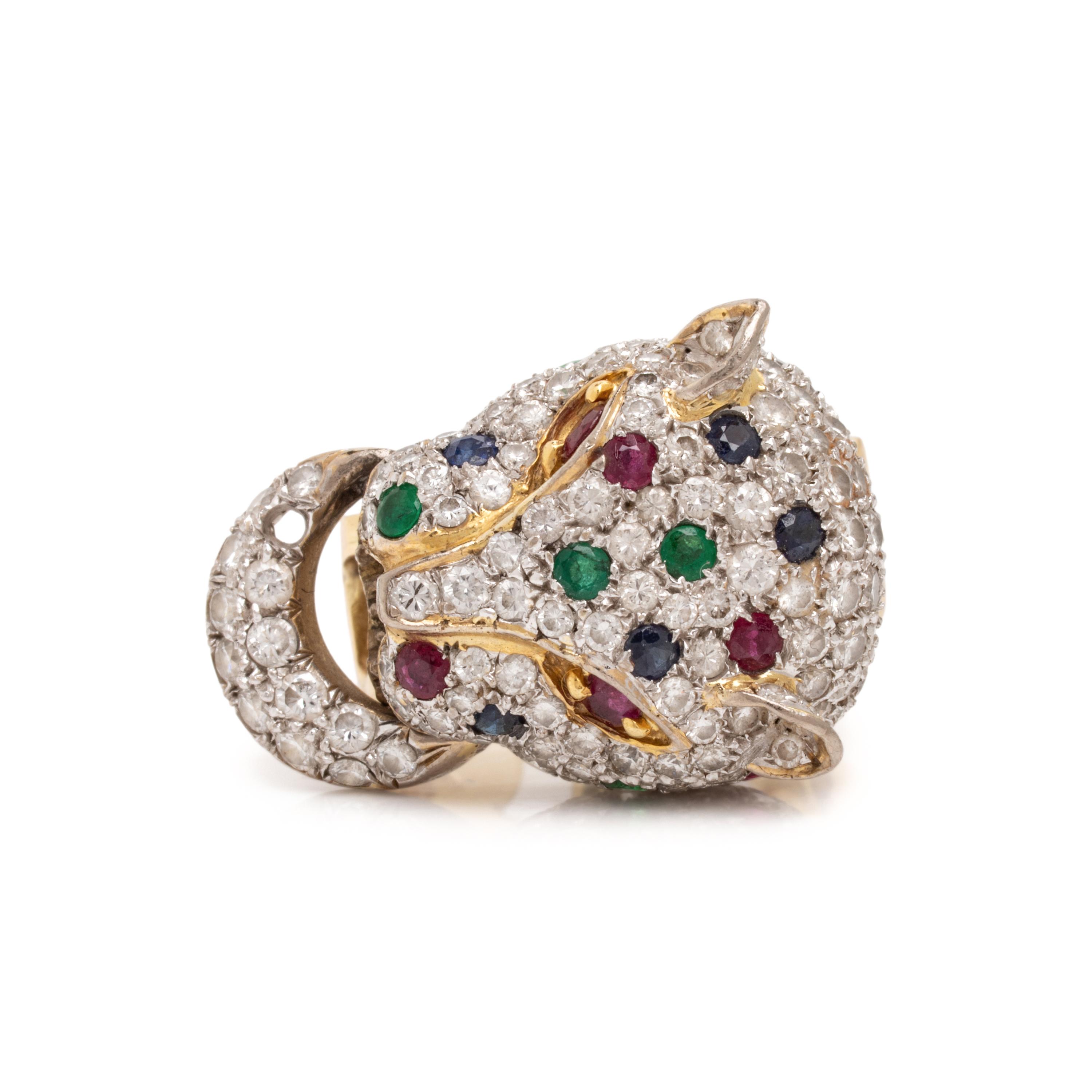 Diamond, Ruby, Emerald, and Sapphire Panther Door Knocker Ring