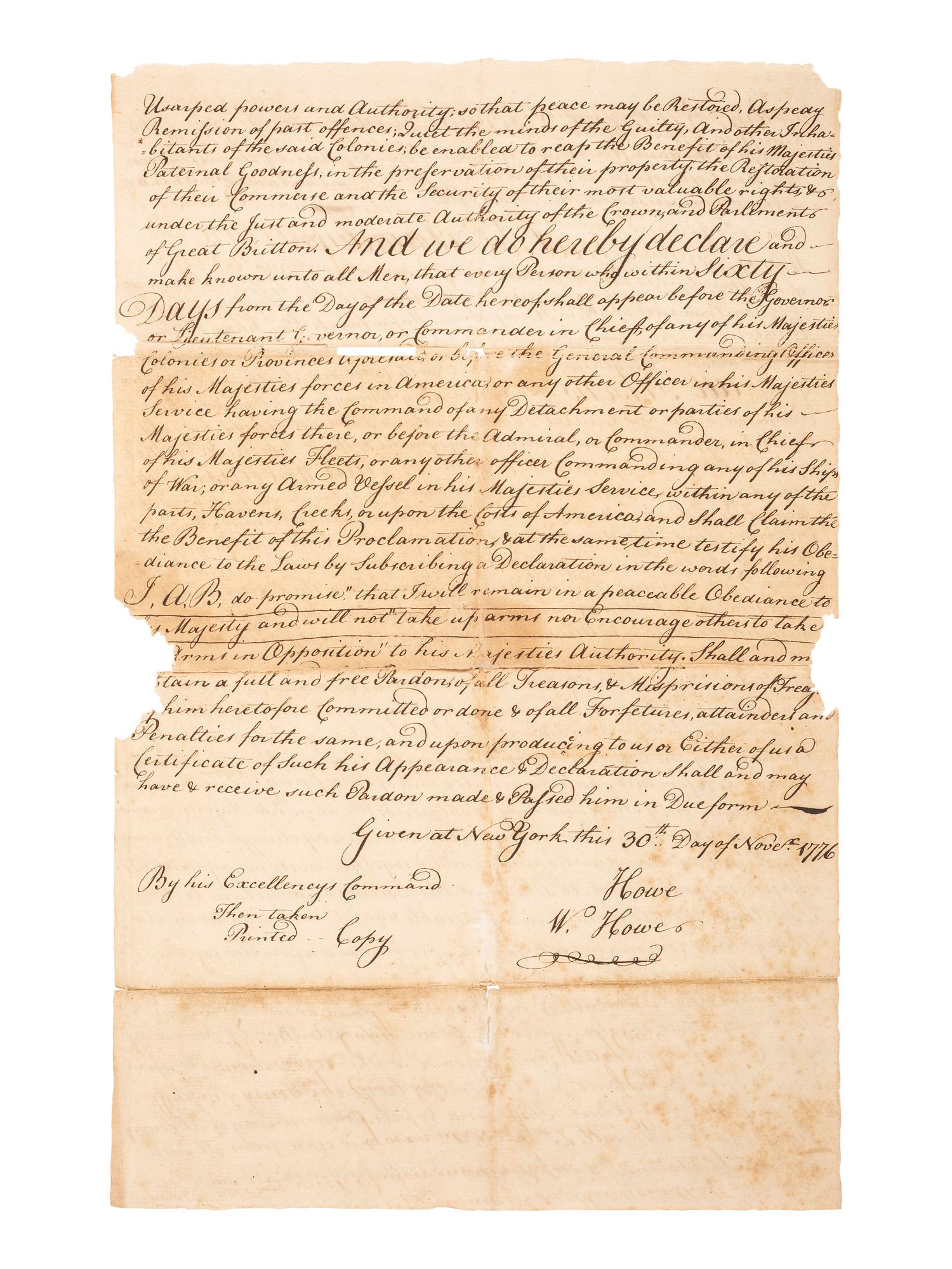 HOWE, Adm. Richard (1726-1799) -- HOWE, Gen. William (1729-1814). "A Proclamation" from Lord Howe offering clemency for the declaration of a loyalty oath. 30 Nov. 1776. [With:] Washington's printed response to the British proclamation. 4 Feb. 1777.