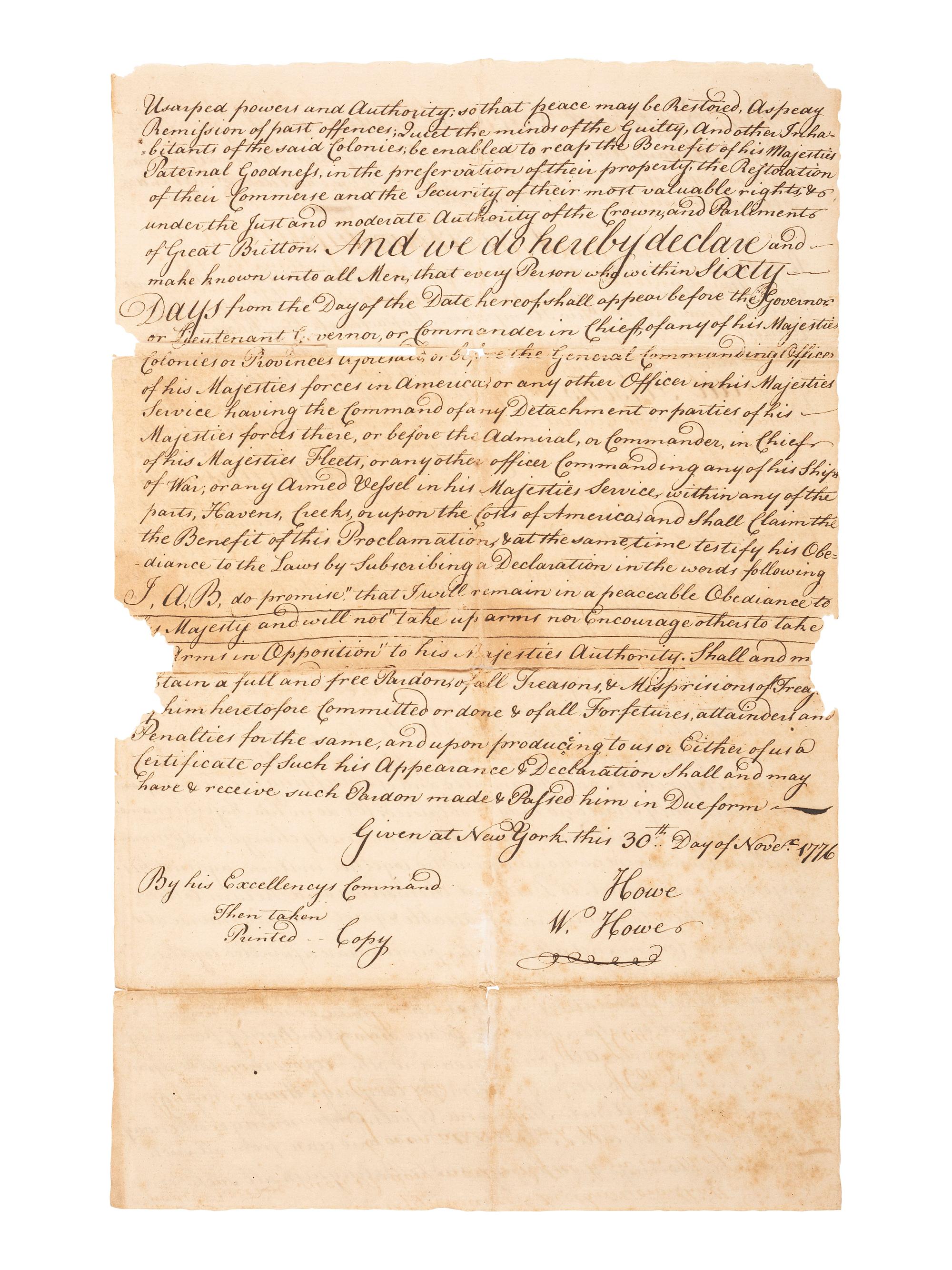 HOWE, Adm. Richard (1726-1799) -- HOWE, Gen. William (1729-1814). "A Proclamation" from Lord Howe offering clemency for the declaration of a loyalty oath. 30 Nov. 1776. [With:] Washington's printed response to the British proclamation. 4 Feb. 1777.