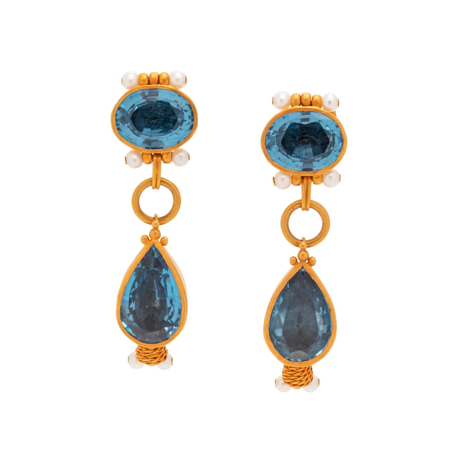 SYNTHETIC SPINEL AND CULTURED PEARL DROP EARCLIPS