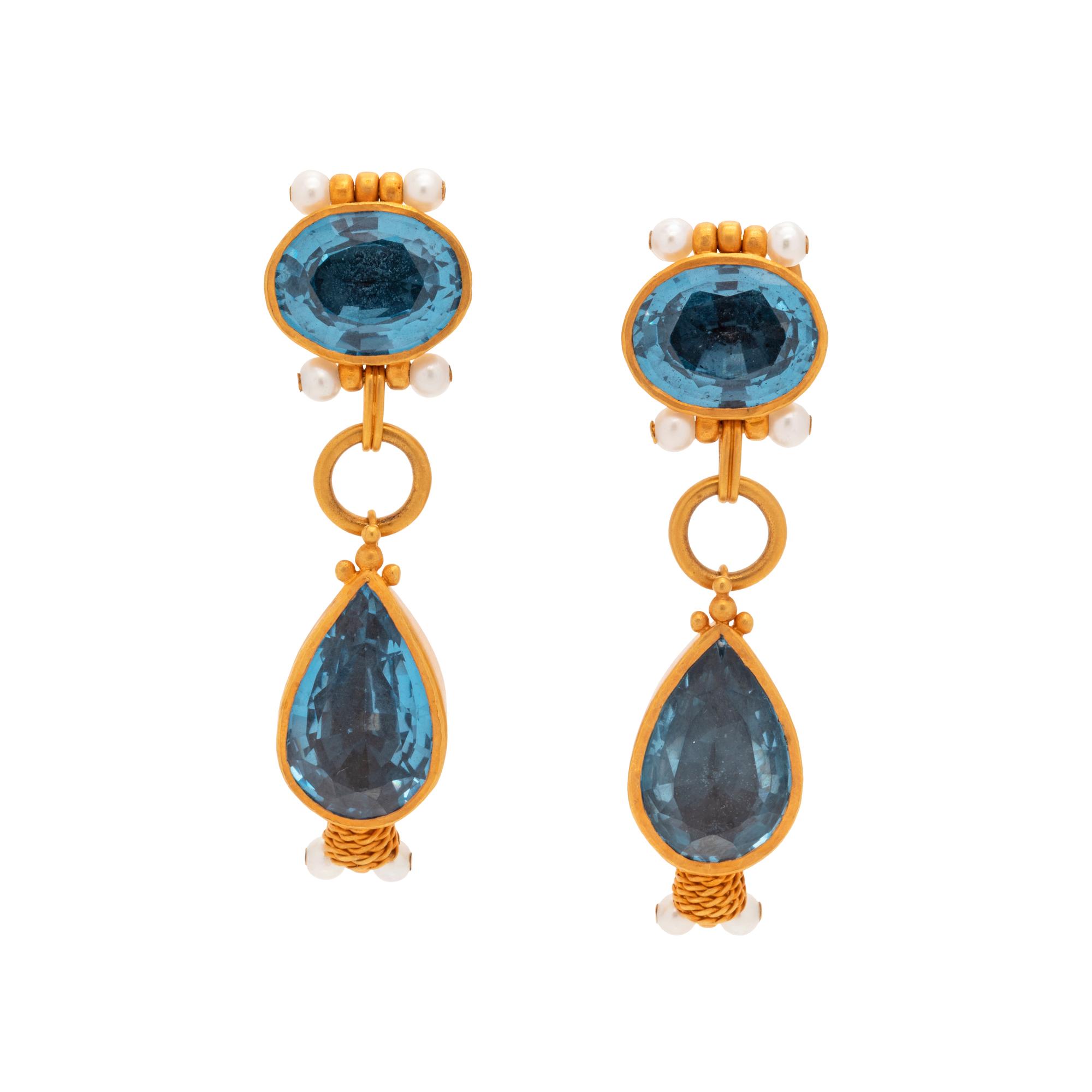 SYNTHETIC SPINEL AND CULTURED PEARL DROP EARCLIPS