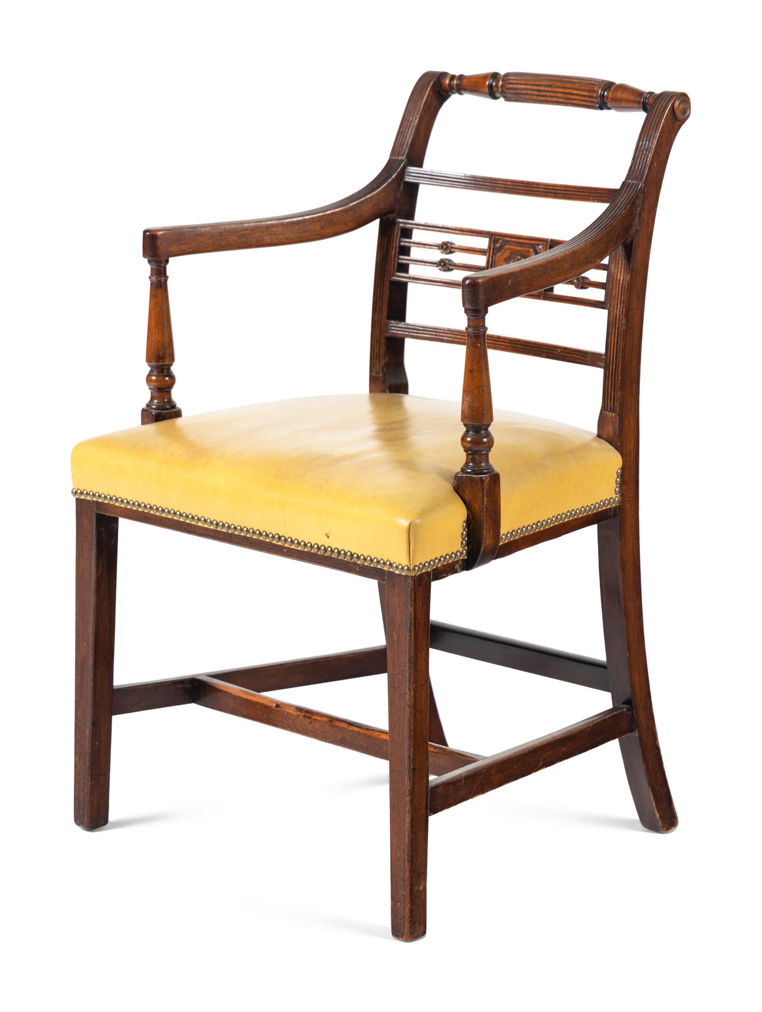A Set of Six George III Mahogany Leather-Upholstered Dining Chairs