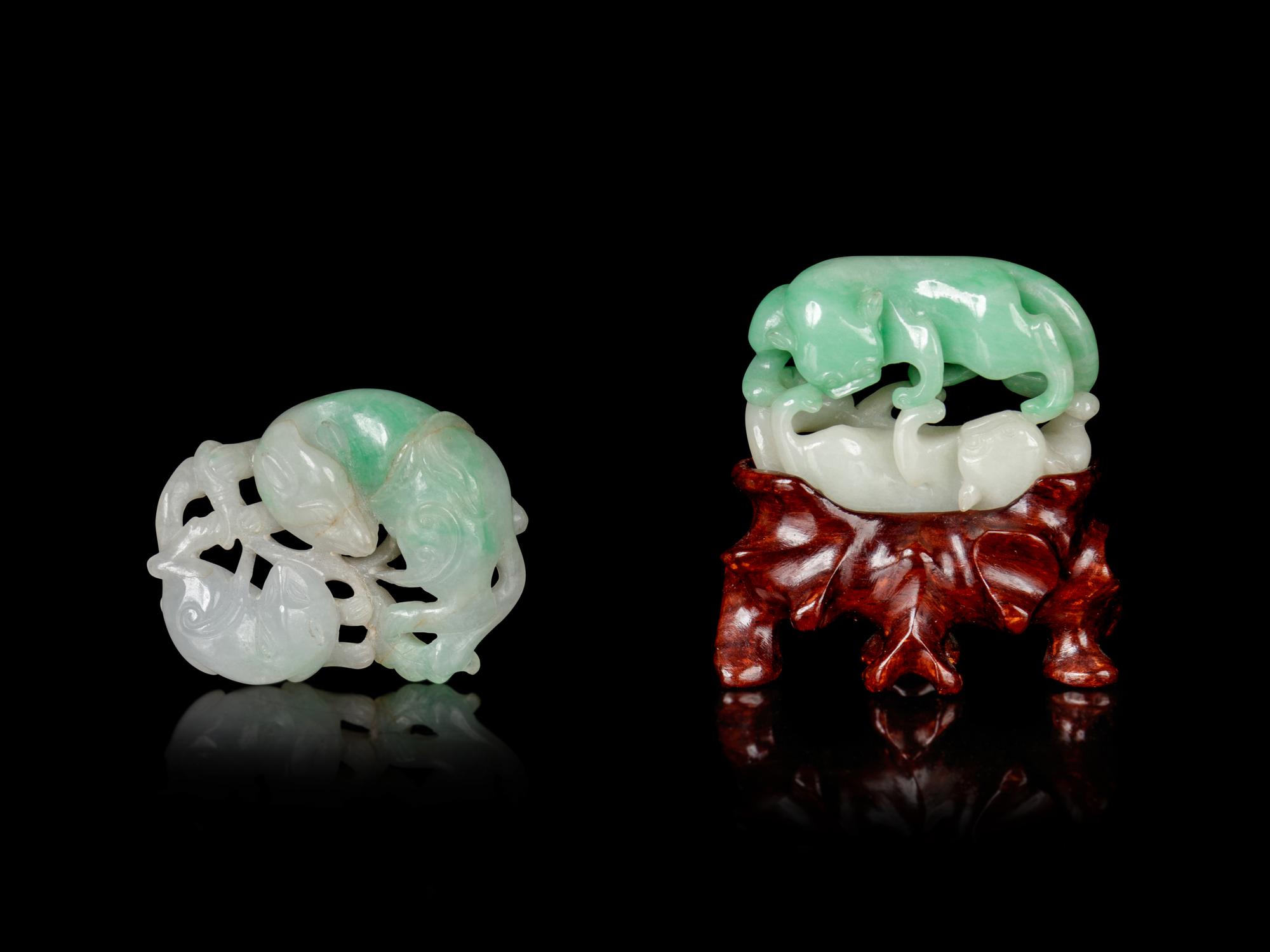 Two Apple Green and White Jadeite 'Double Badgers' Carvings