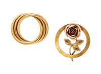 A Collection of 14 Karat Bicolor Gold Circle Brooches,