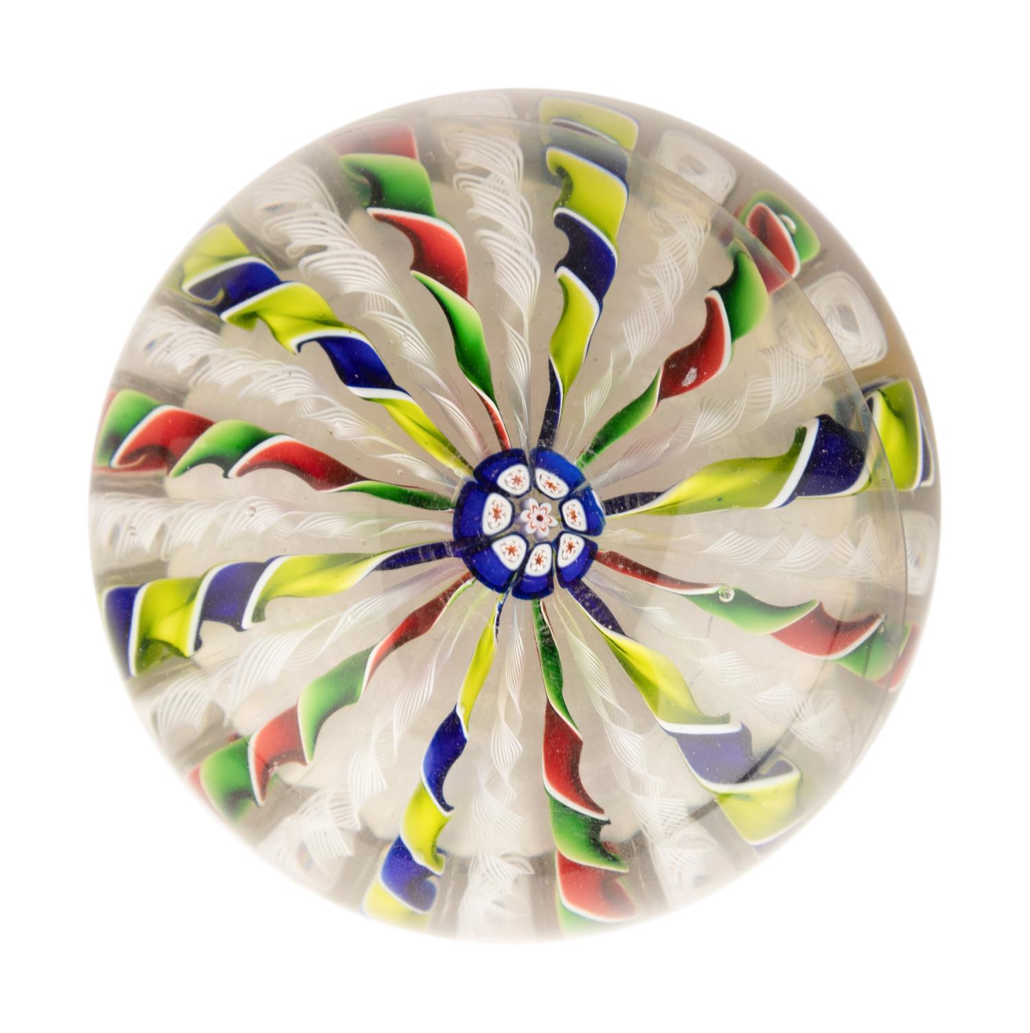 A Four-Color Ribbon and Latticino Twist Crown Glass Paperweight