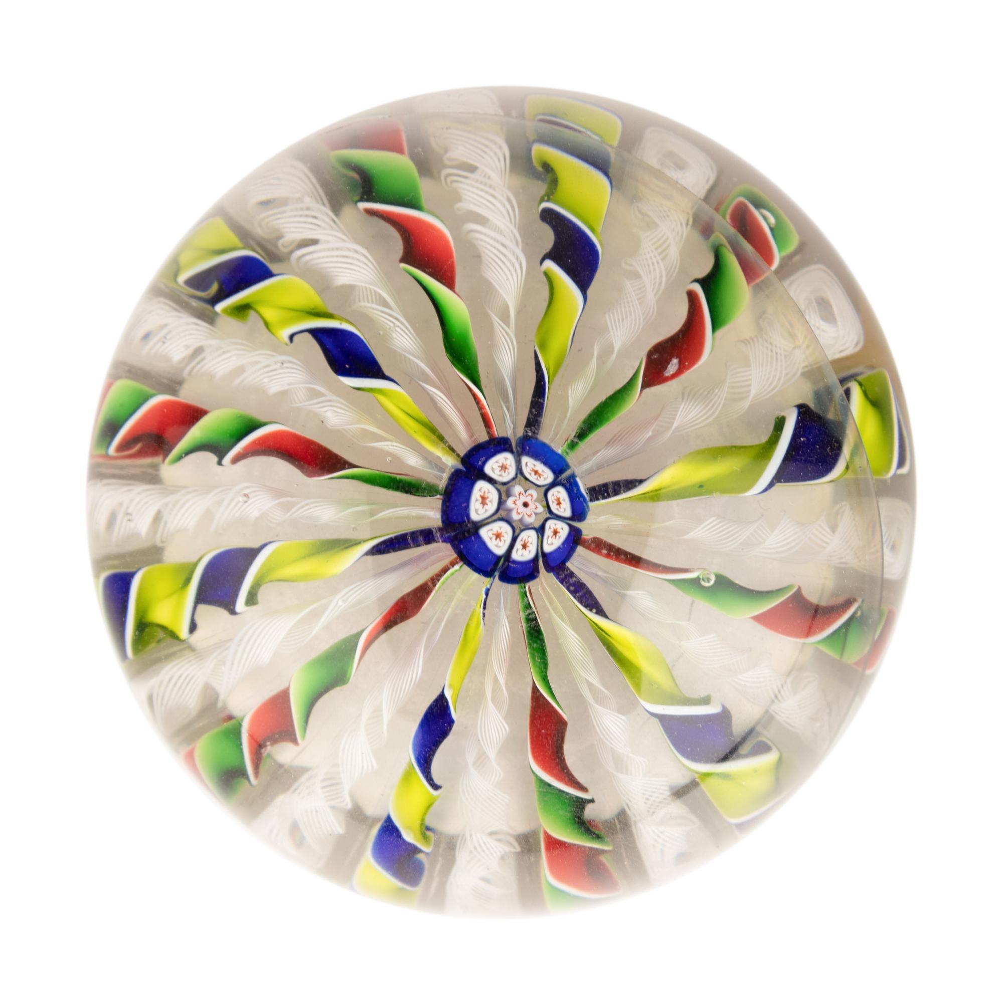 A Four-Color Ribbon and Latticino Twist Crown Glass Paperweight