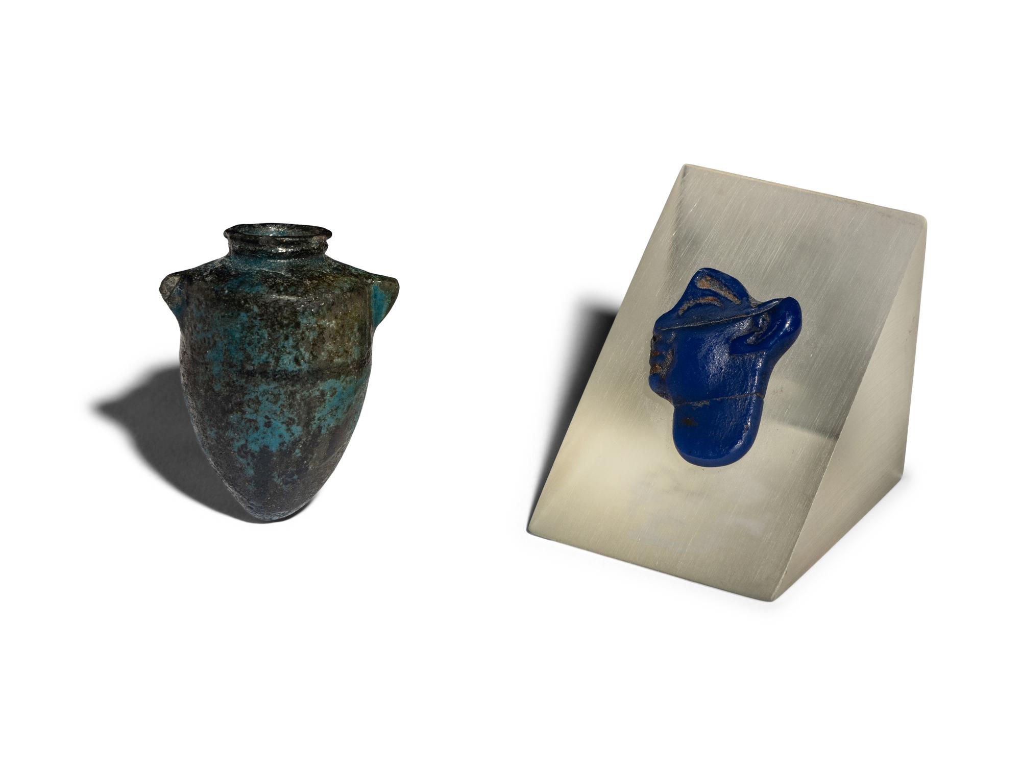 An Egyptian Glass Inlay and An Egyptian Faience Amphoriskos