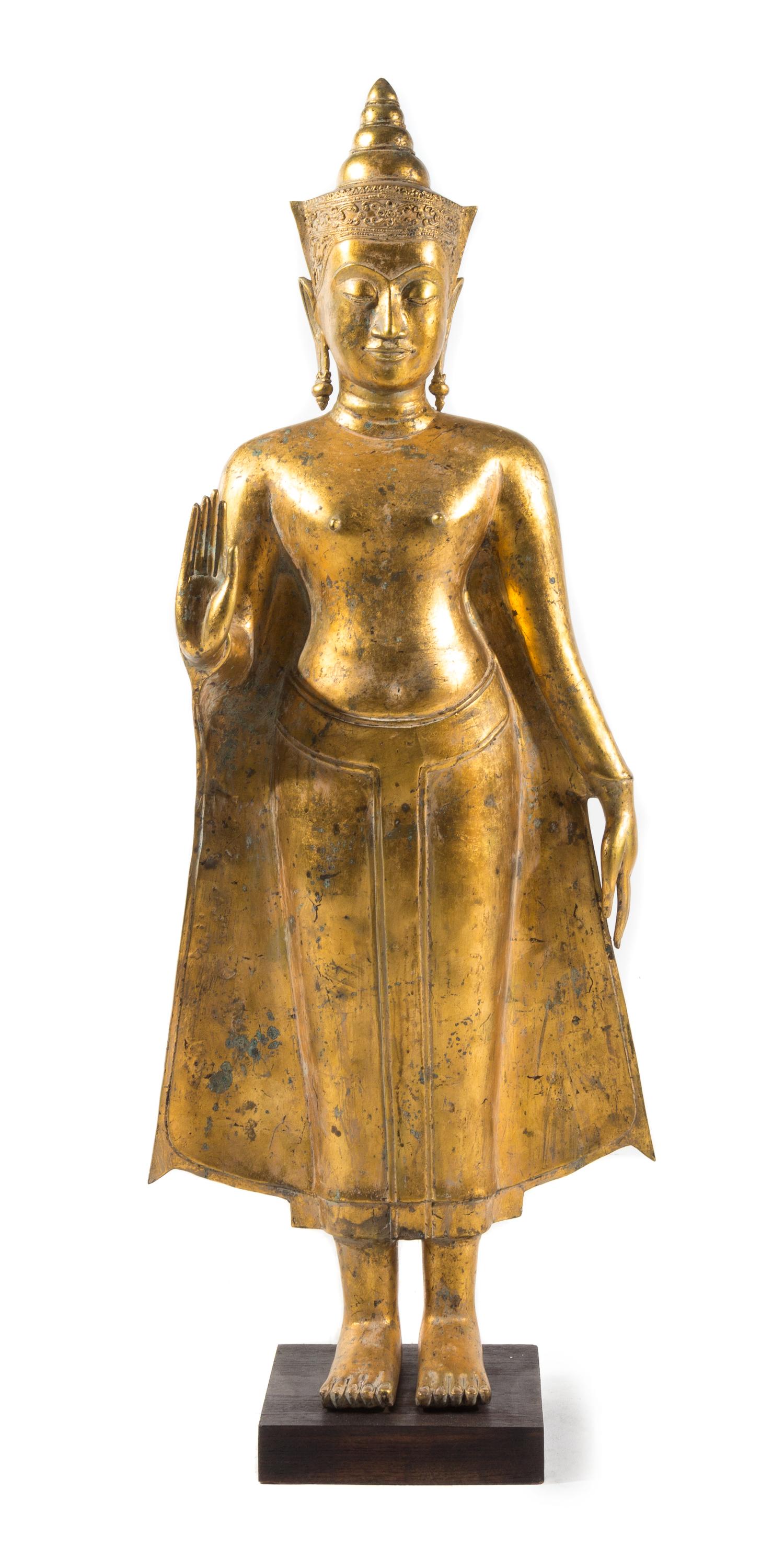 A Thai Gilt Bronze Figure of Standing Buddha