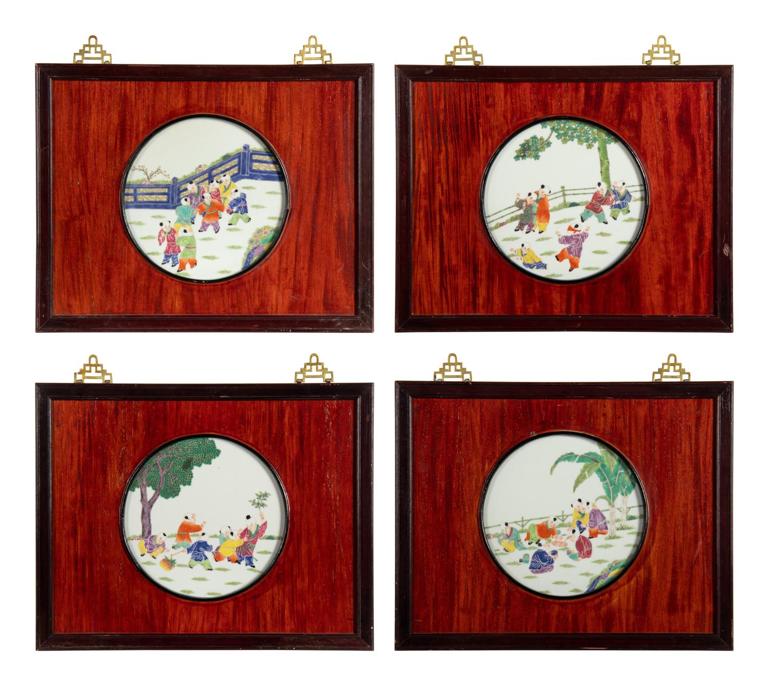A Set of Four Chinese Famille Rose Porcelain Inset Hardwood Wall Panels