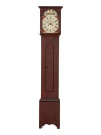 A Country Chippendale Red Painted Pine Wooden Works Tall Case Clock