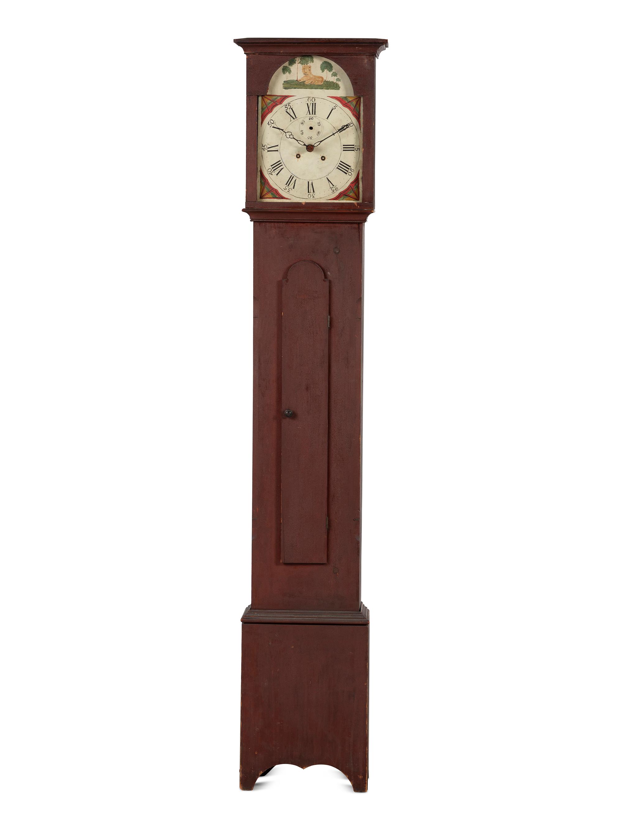 A Country Chippendale Red Painted Pine Wooden Works Tall Case Clock