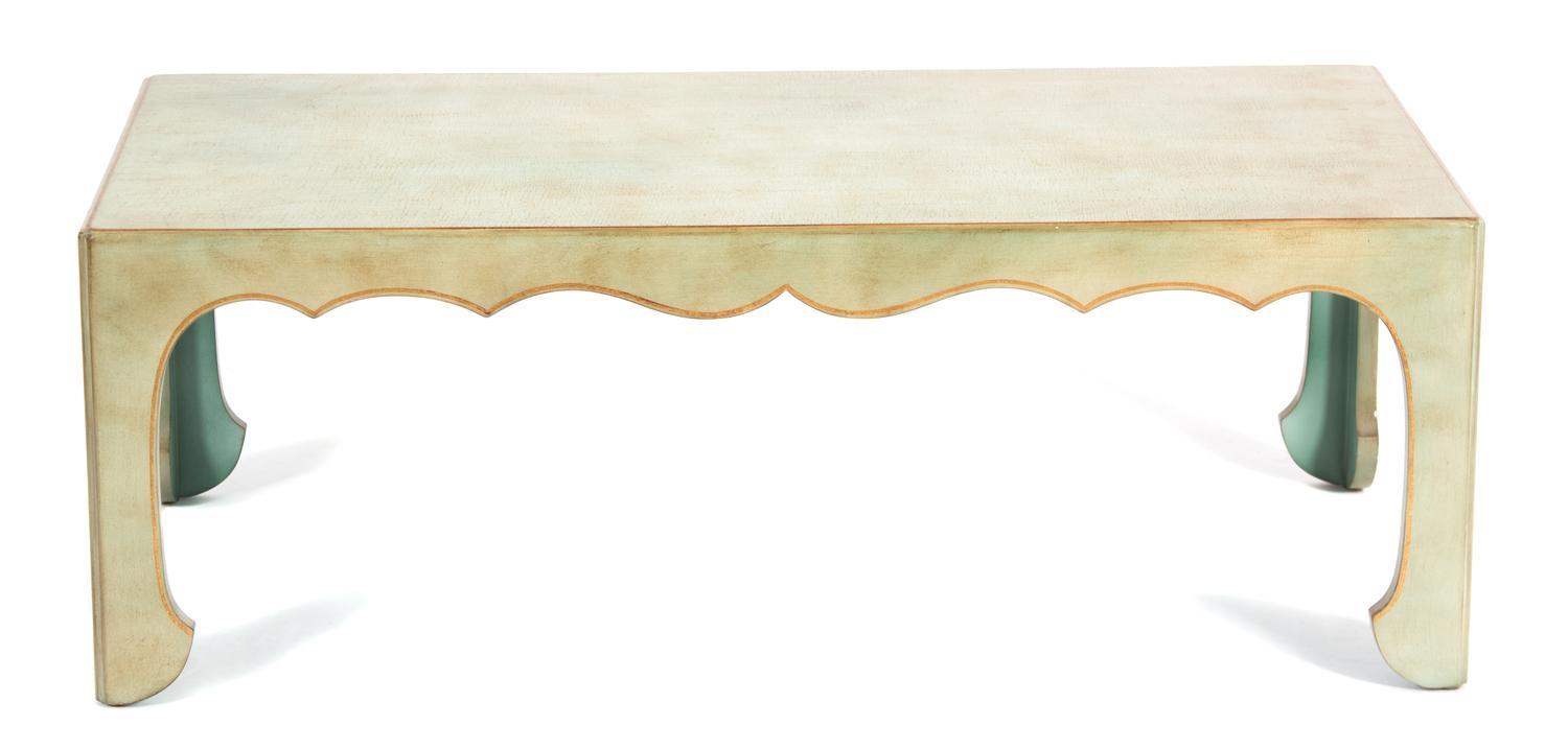 A Contemporary Asian Style Pale Green and Parcel Gilt Lacquer Coffee Table Height 15 x width 42 x depth 20 3/4 inches. — 20TH CENTURY