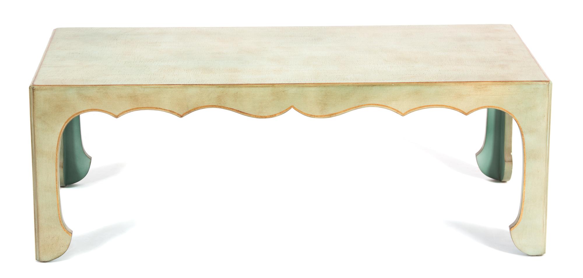 A Contemporary Asian Style Pale Green and Parcel Gilt Lacquer Coffee Table Height 15 x width 42 x depth 20 3/4 inches. — 20TH CENTURY