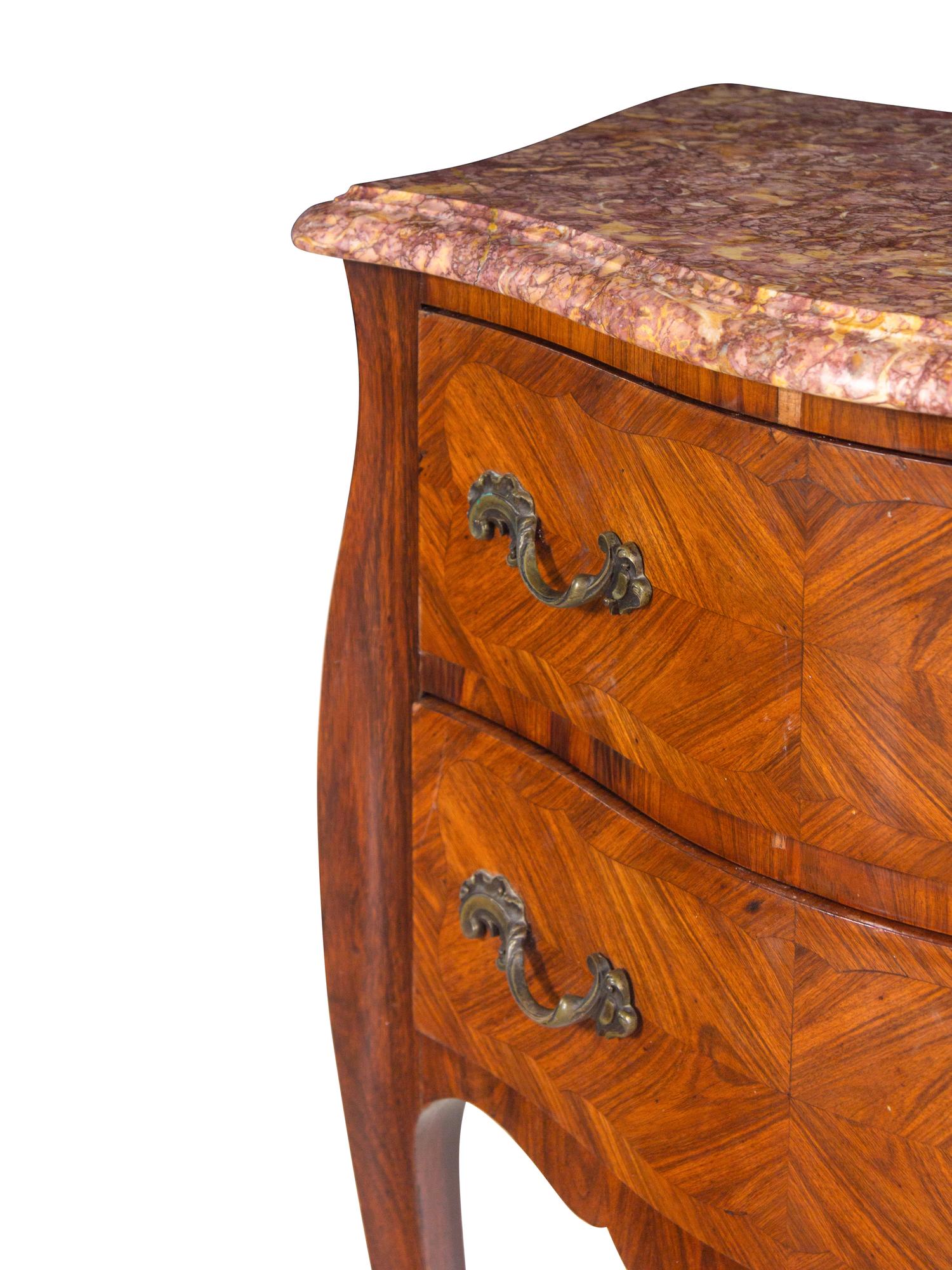 A Pair of Louis XV Style Tulipwood Marble-Top Commodes