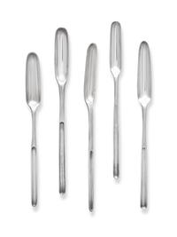 A Group of Five Assorted English Silver Marrow Scoops, circa 1725-1824