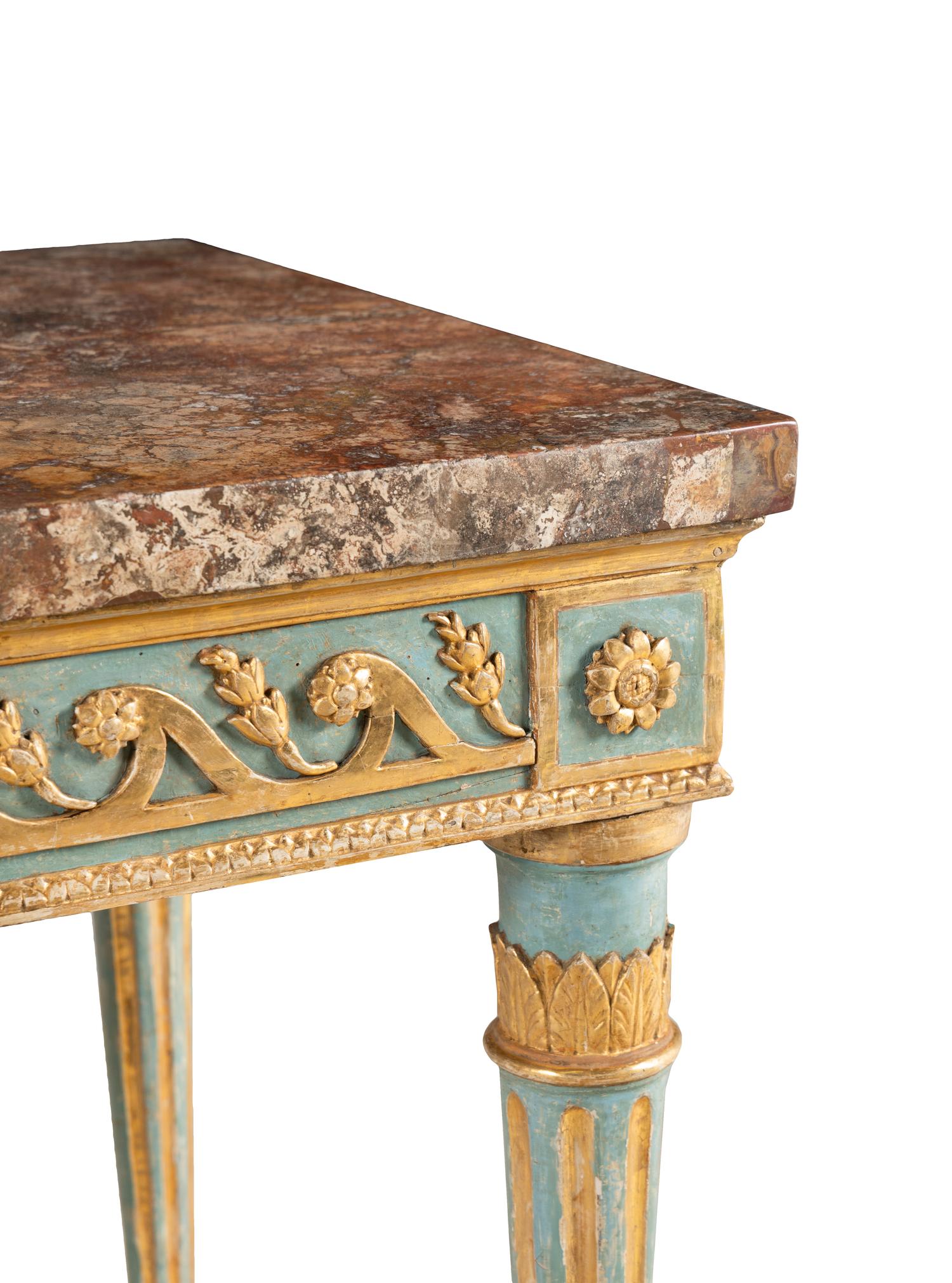 A North Italian Neoclassical Blue Painted and Parcel Gilt Marble-Top Console Table