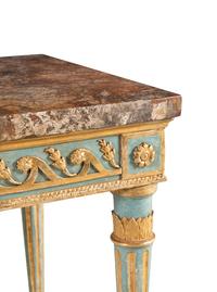 A North Italian Neoclassical Blue Painted and Parcel Gilt Marble-Top Console Table