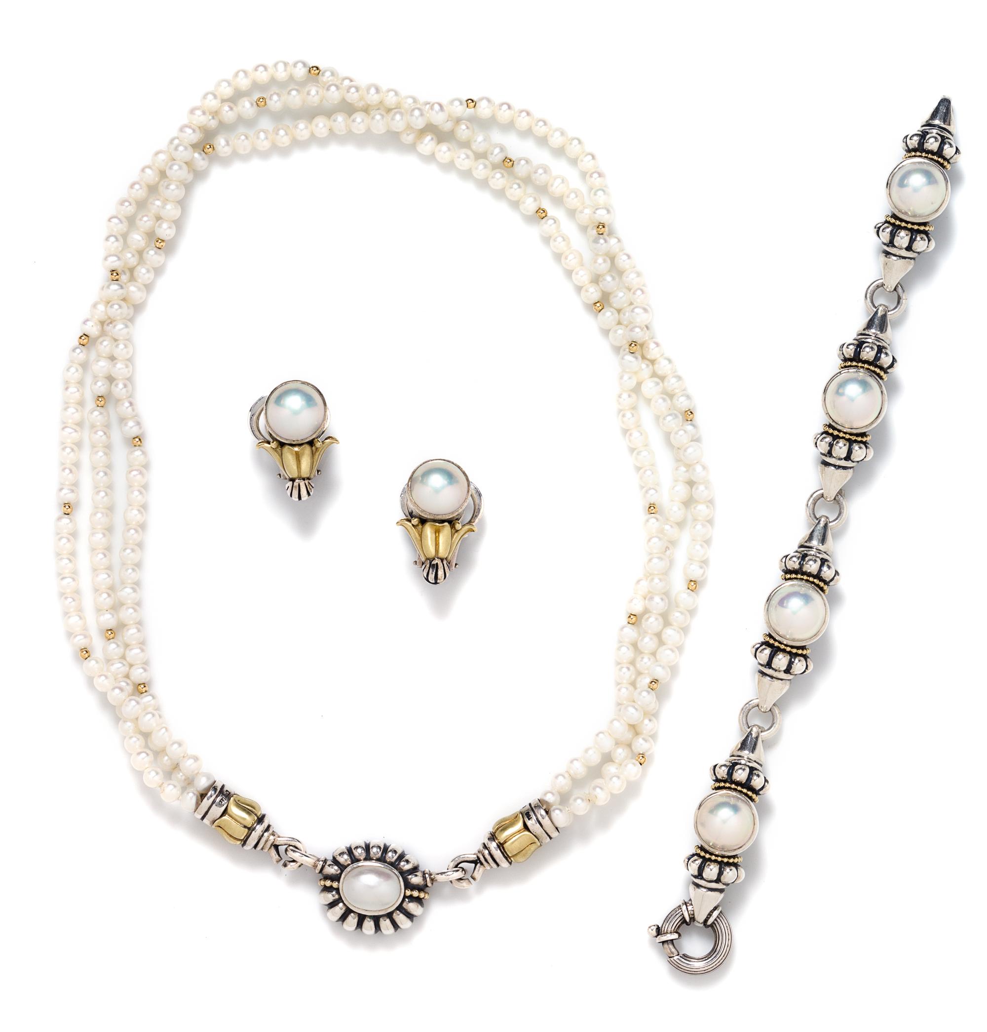 A Sterling Silver, 18 Karat Yellow Gold, Mabe Pearl and Cultured Pearl Demi Parure, Lagos 83.30 dwts.