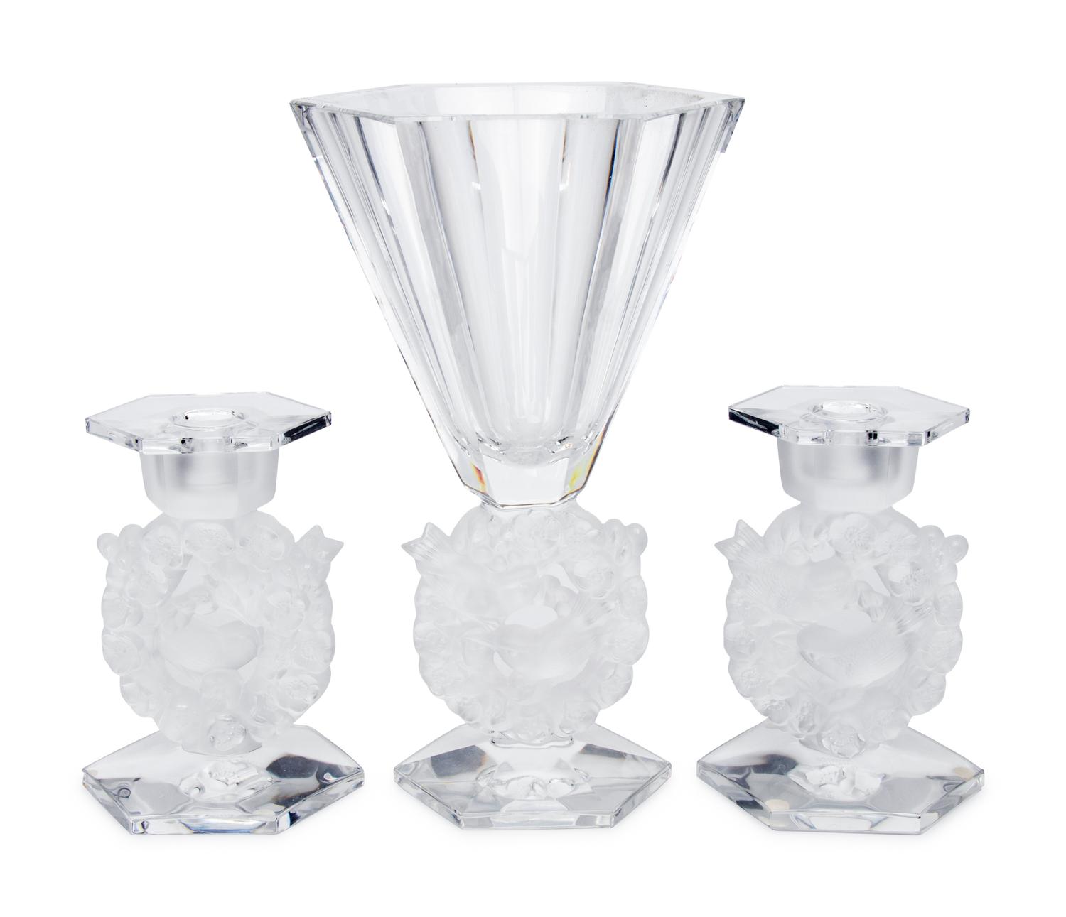 A Lalique Mesanges Vase and Pair of Candlesticks