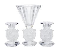 A Lalique Mesanges Vase and Pair of Candlesticks