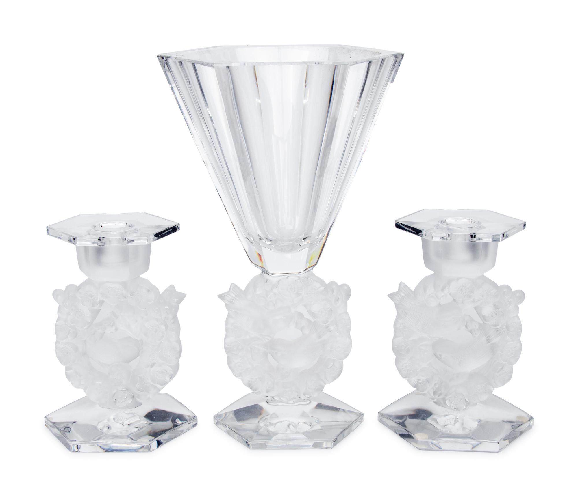 A Lalique Mesanges Vase and Pair of Candlesticks
