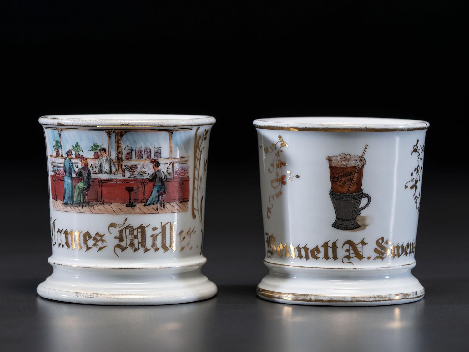 Two Soda Fountain Porcelain Occupational Shaving Mugs