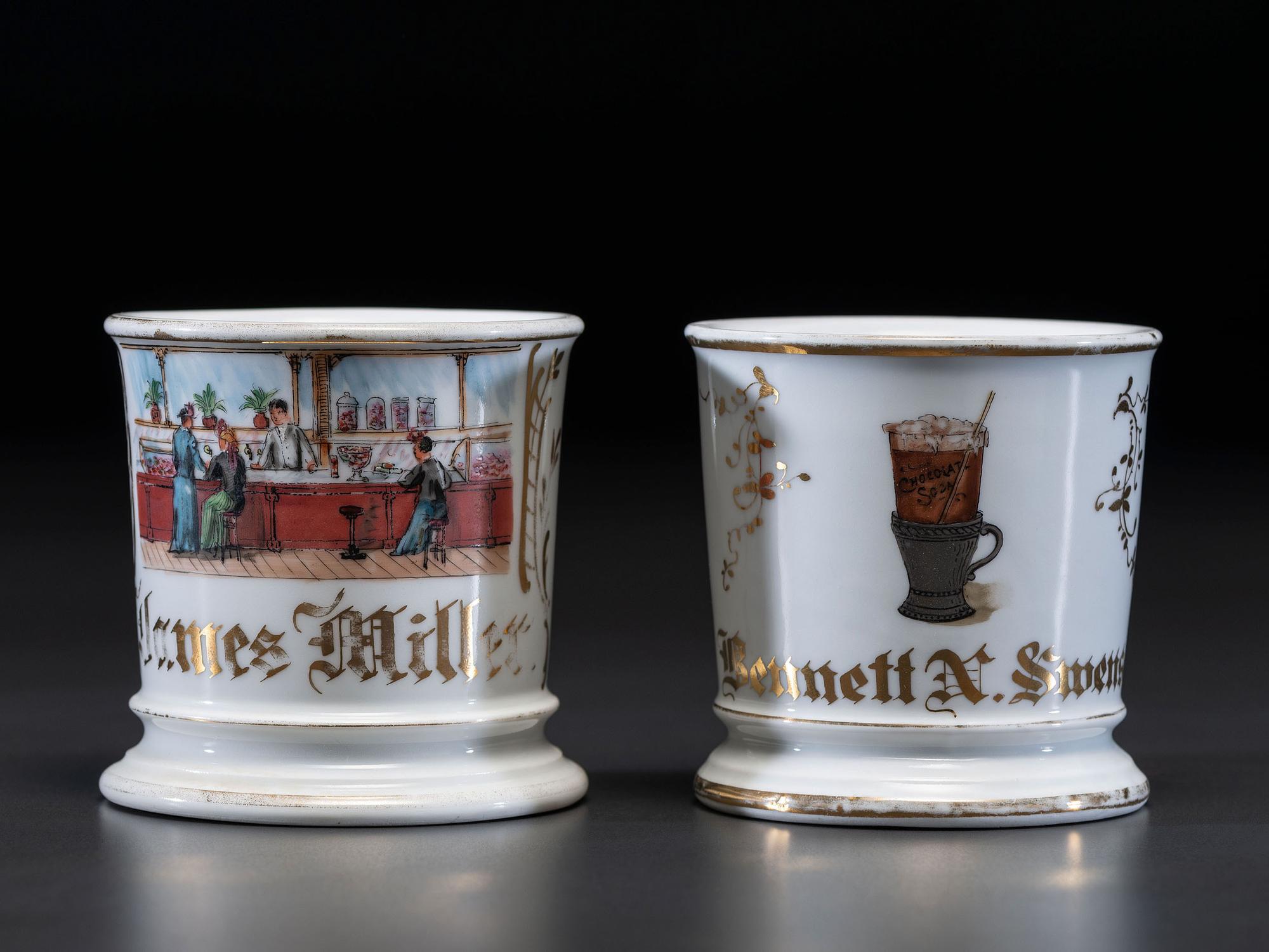 Two Soda Fountain Porcelain Occupational Shaving Mugs