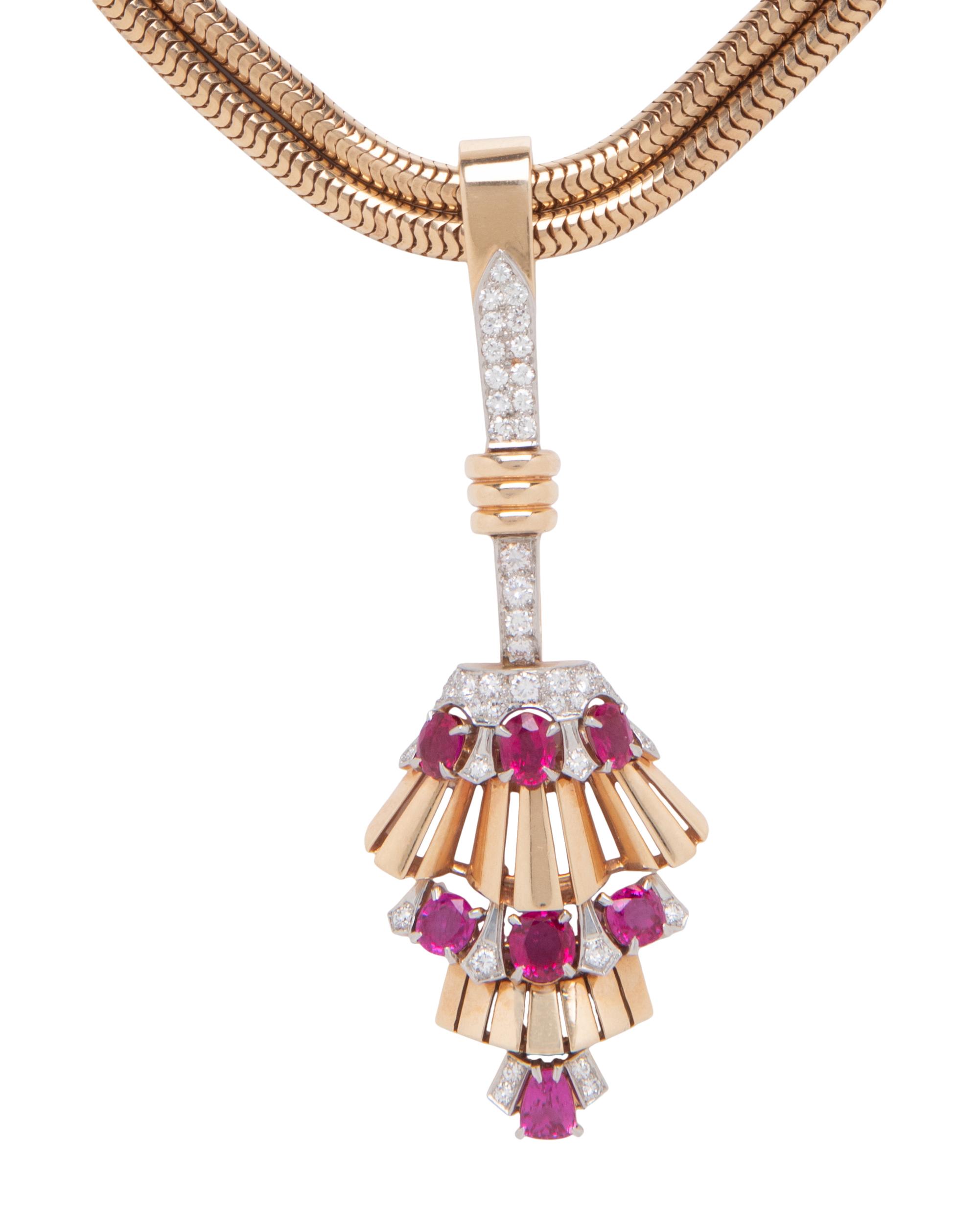 TIFFANY & CO., RETRO, RUBY AND DIAMOND PENDANT WITH GOLD CHAIN
