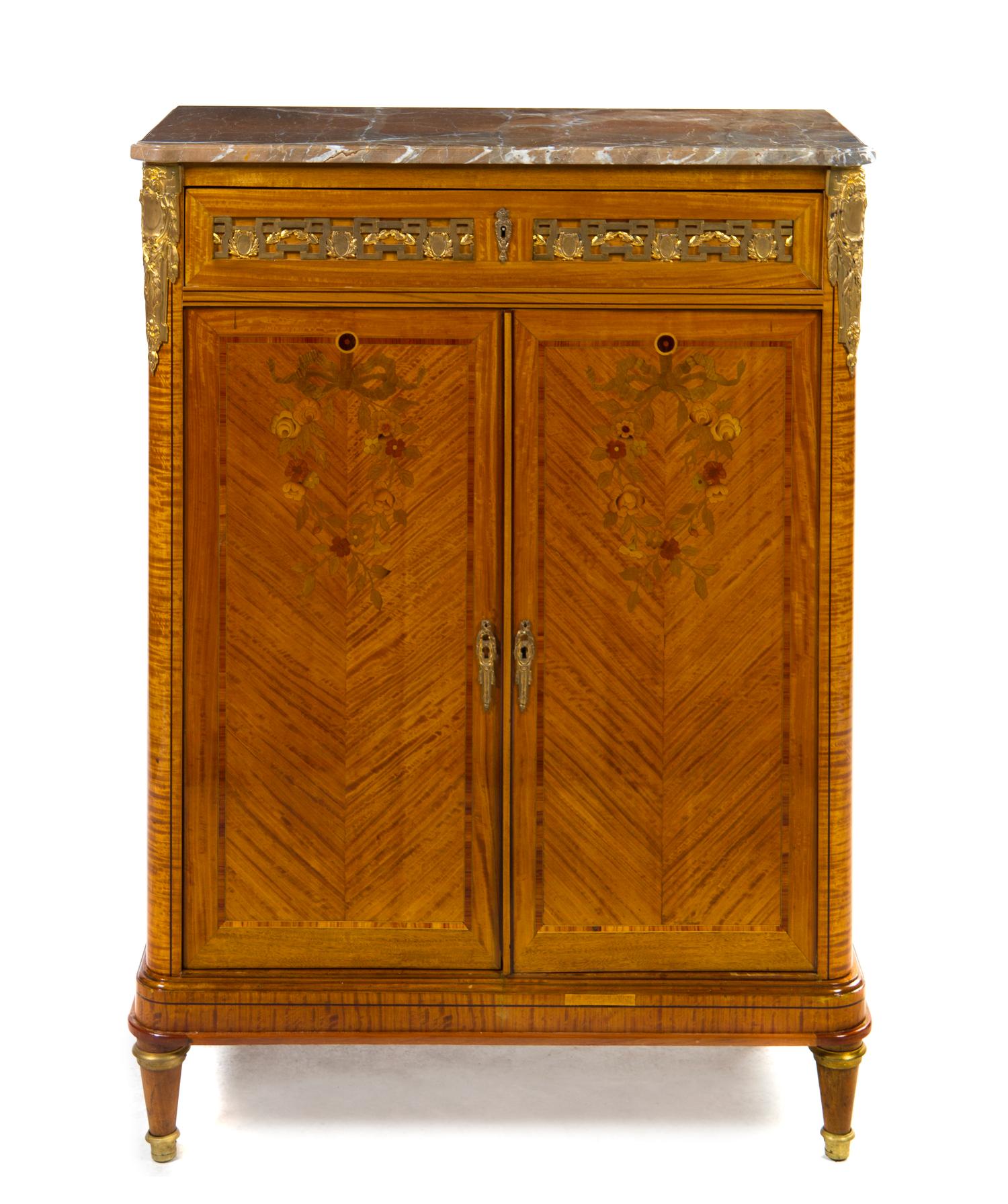 A Louis XVI Style Marquetry Console Cabinet, Height 48 x width 34 x depth 16 inches.