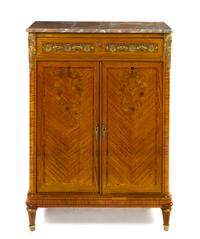 A Louis XVI Style Marquetry Console Cabinet, Height 48 x width 34 x depth 16 inches.