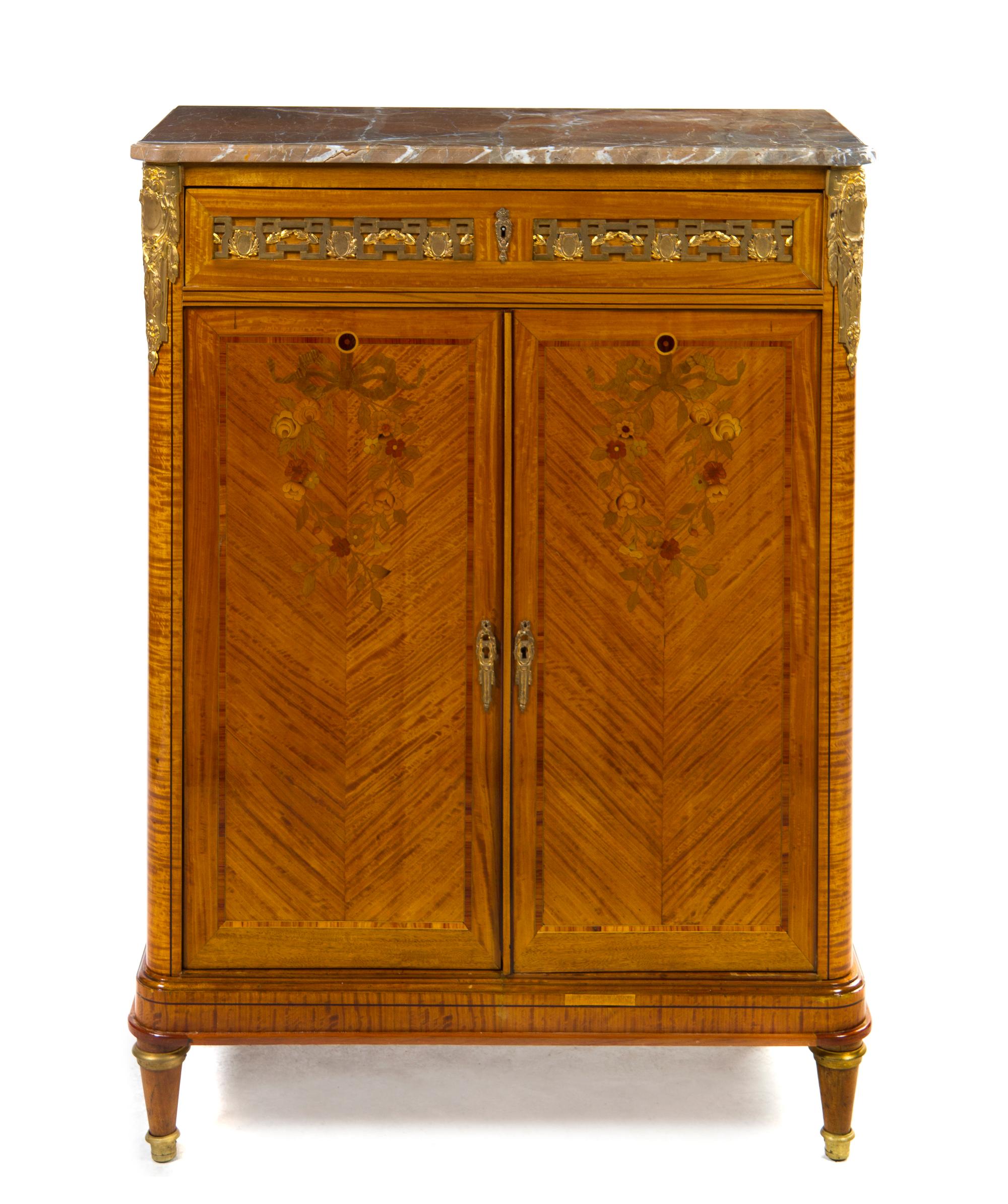 A Louis XVI Style Marquetry Console Cabinet, Height 48 x width 34 x depth 16 inches.