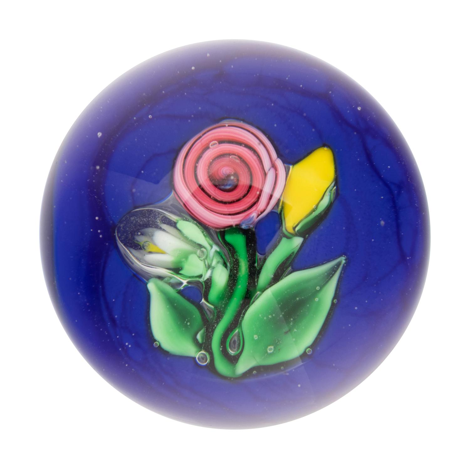 A Ronald Hansen Three Flowers on Blue Ground Miniature Glass Paperweight