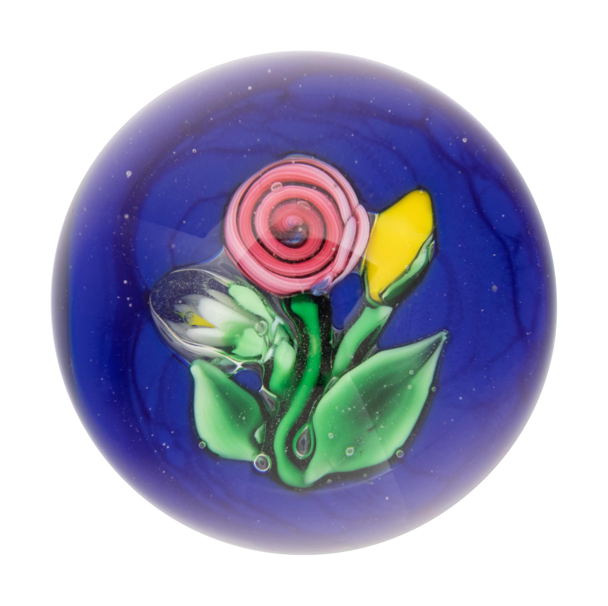 A Ronald Hansen Three Flowers on Blue Ground Miniature Glass Paperweight
