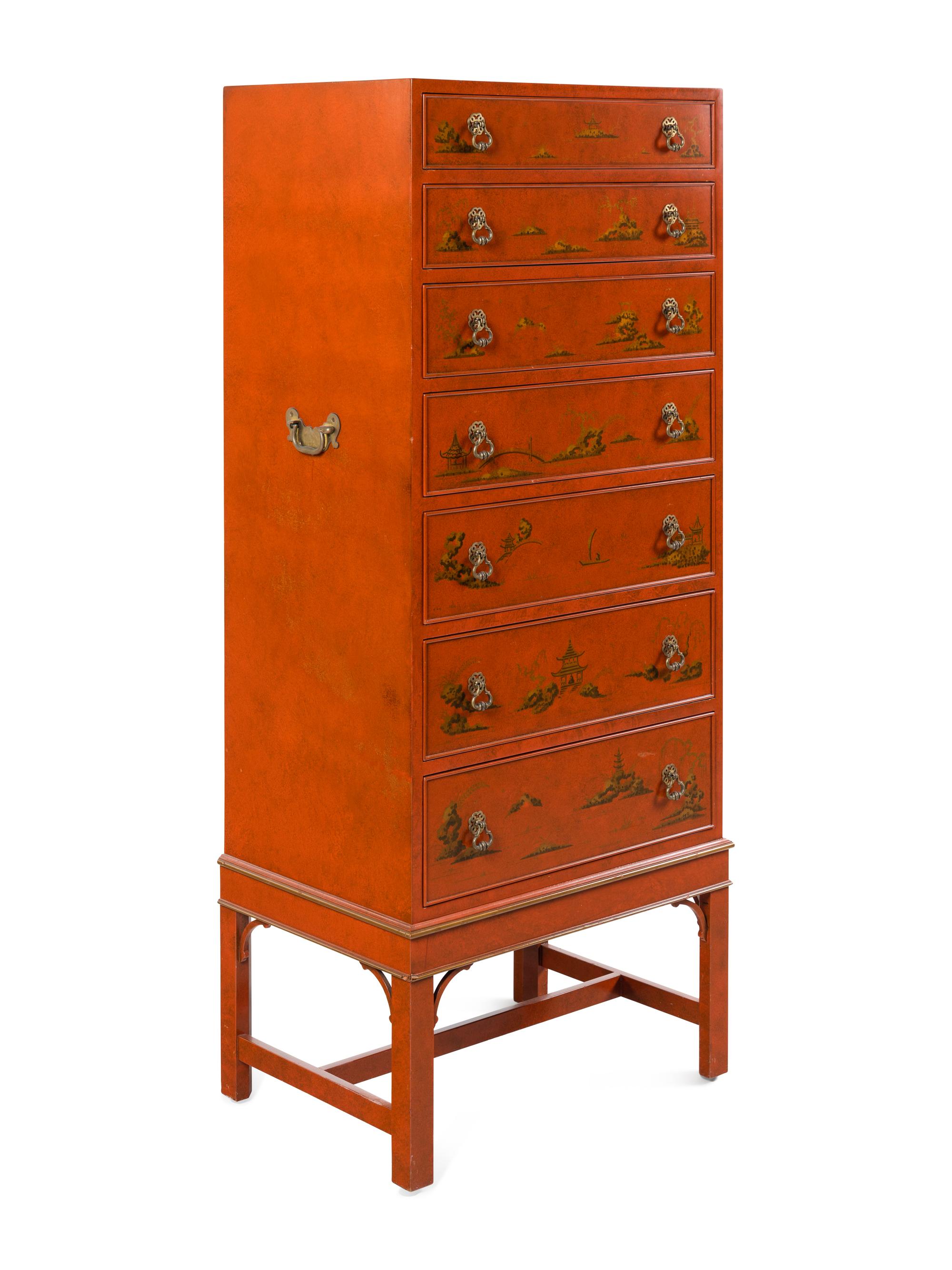A Beacon Hill Old Colony Red-Japanned Tall Chest of Drawers