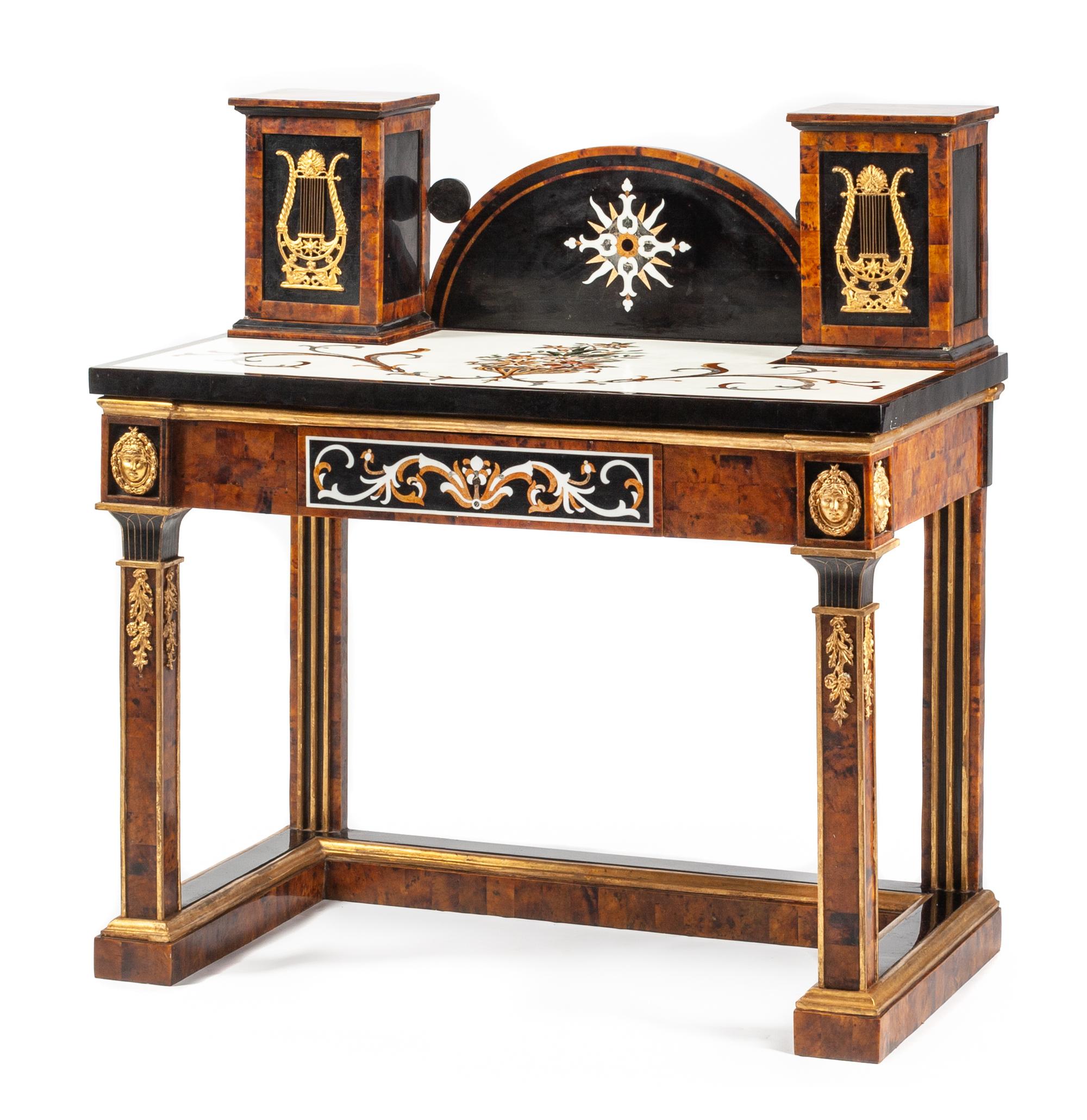 A Continental Specimen Marble Inlaid Lady's Writing Desk Height 43 1/2 x width 40 1/2 x depth 22 1/4 inches.