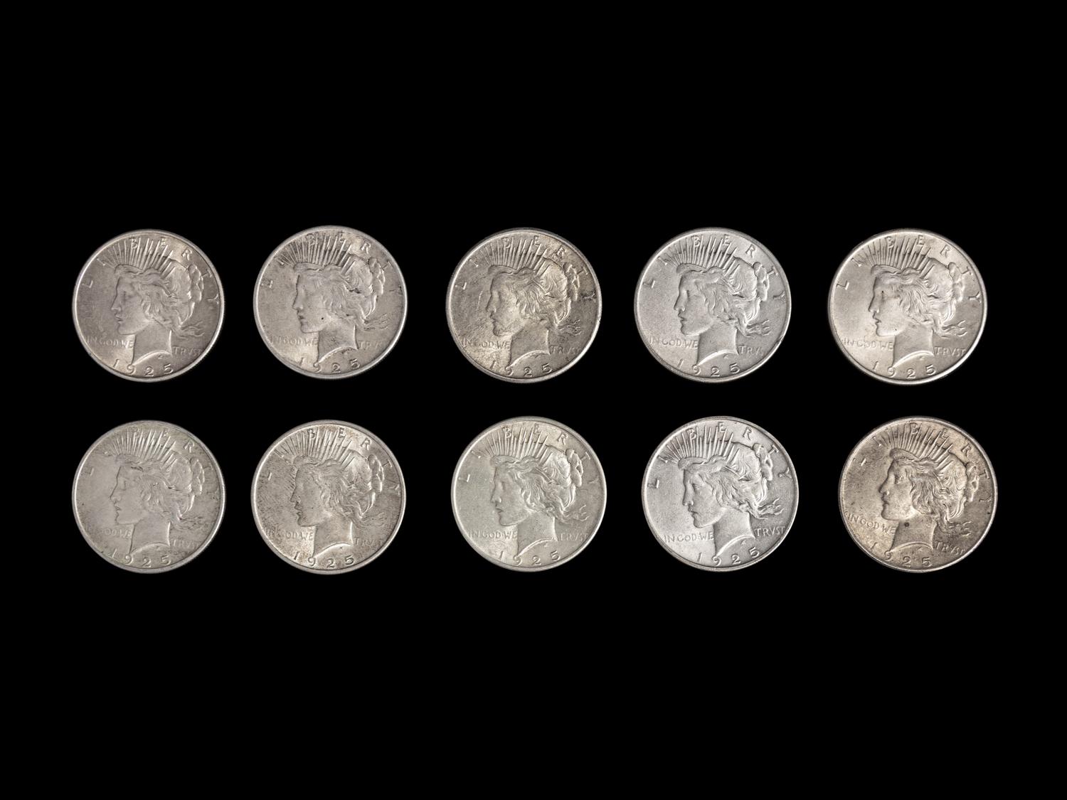 Ten 1925 Peace $1 Coins