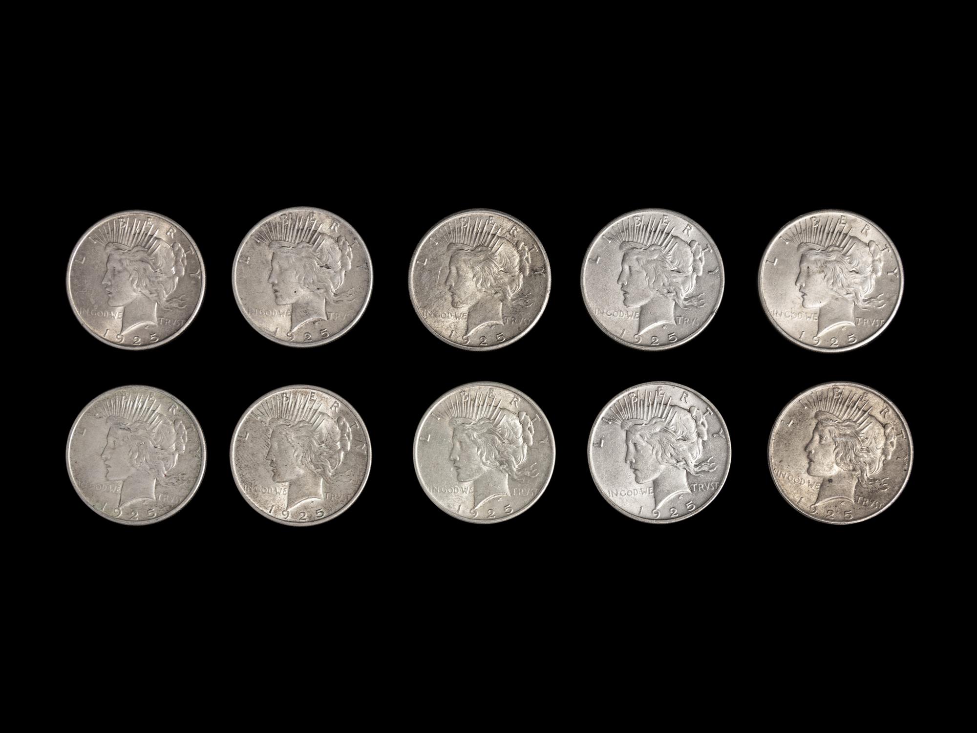 Ten 1925 Peace $1 Coins