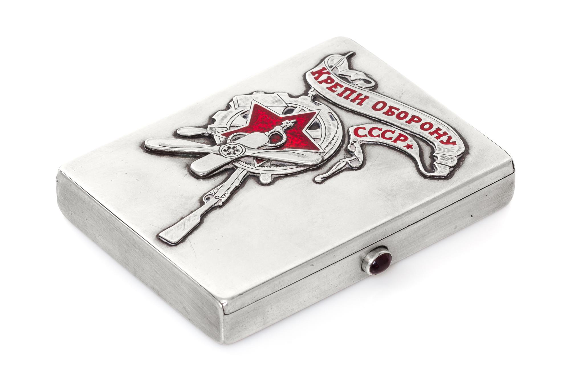 A Russian Silver and Enamel Cigarette Case, Maker's Mark Obscured, Moscow, 20th Century, of rectangular form, the lid decorated with an