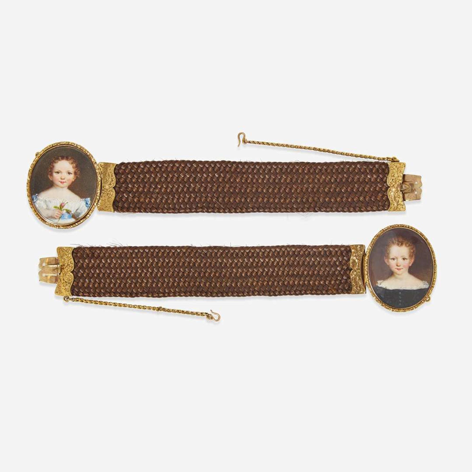 Attributed to William Egley (English, 1798-1878) A pair of hairwork bracelets with portrait miniatures of children, circa 1840